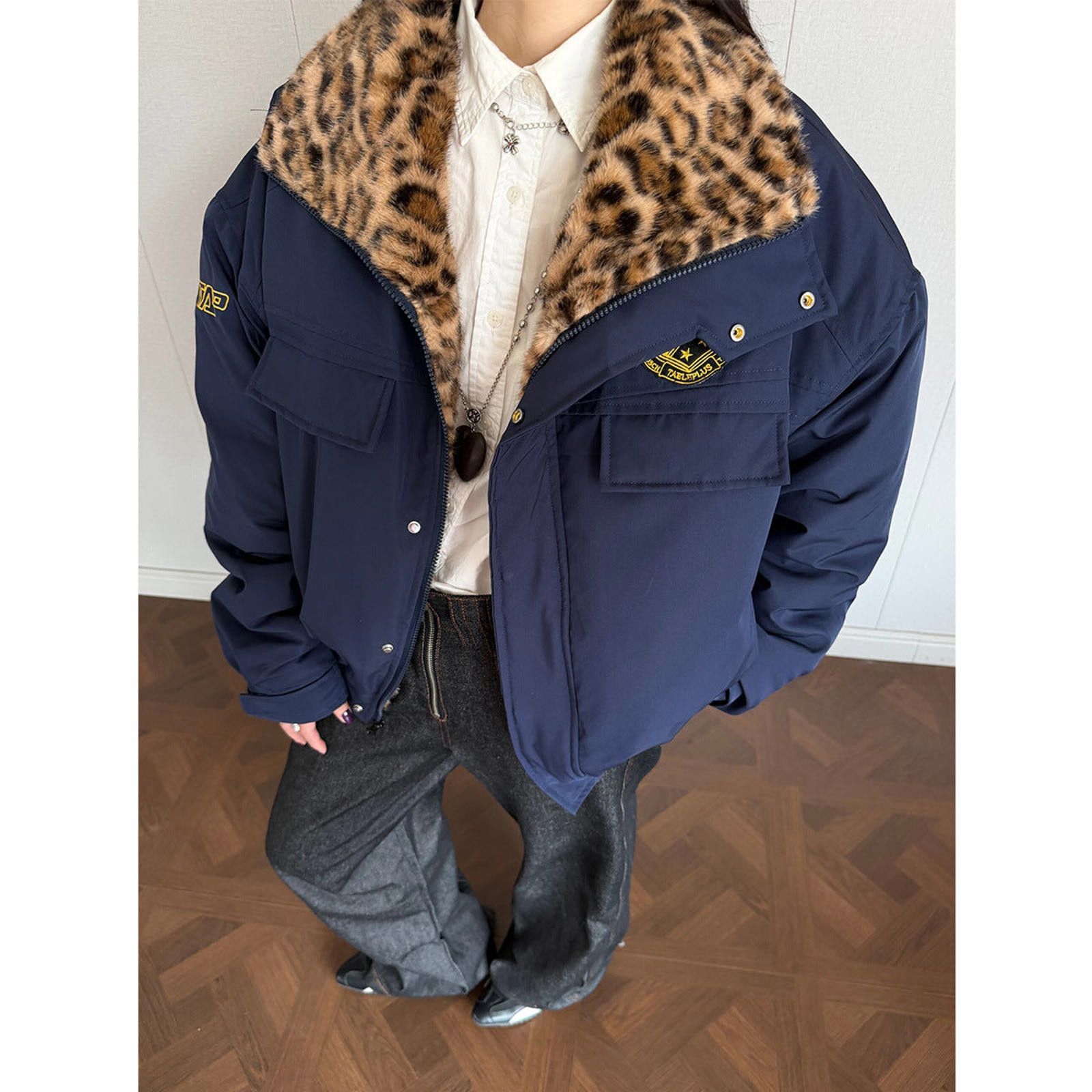Japanese Brand Navy Blue Varsity Jacket with Leopard Faux Fur Lining Size US M / EU 48-50 / 2 - 1 Thumbnail