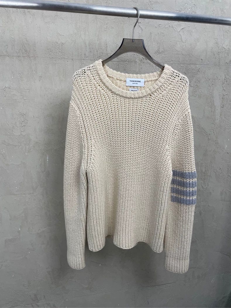 Thom Browne Thom browne Beige four-striped pure wool round-neck sweater Size US S / EU 44-46 / 1 - 1 Thumbnail