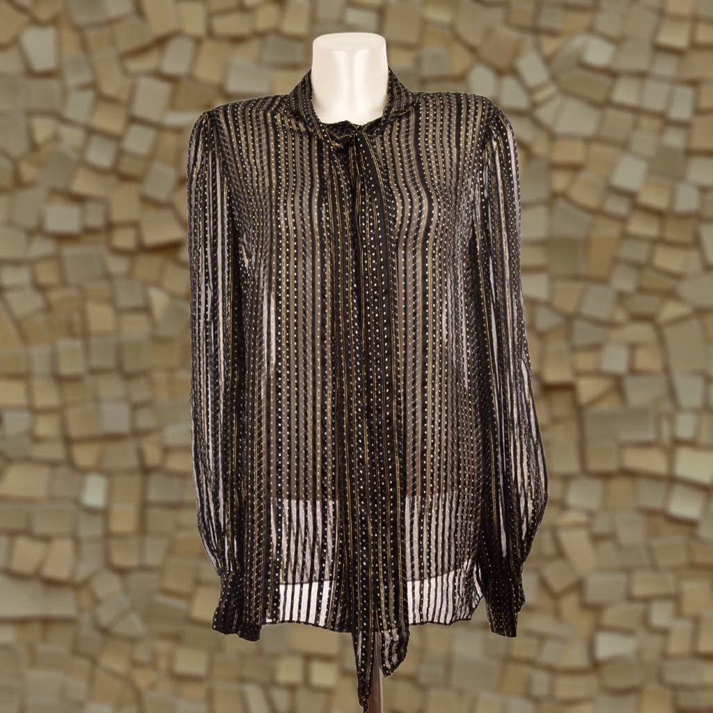 Diane von Furstenberg Diane von Furstenberg Lanie Tie Neck Silk Designer Blouse Button Shirt M Black Womens Silk Button-Up 96% Silk 4% Polyester Size M / US 6-8 / IT 42-44 - 1 Thumbnail