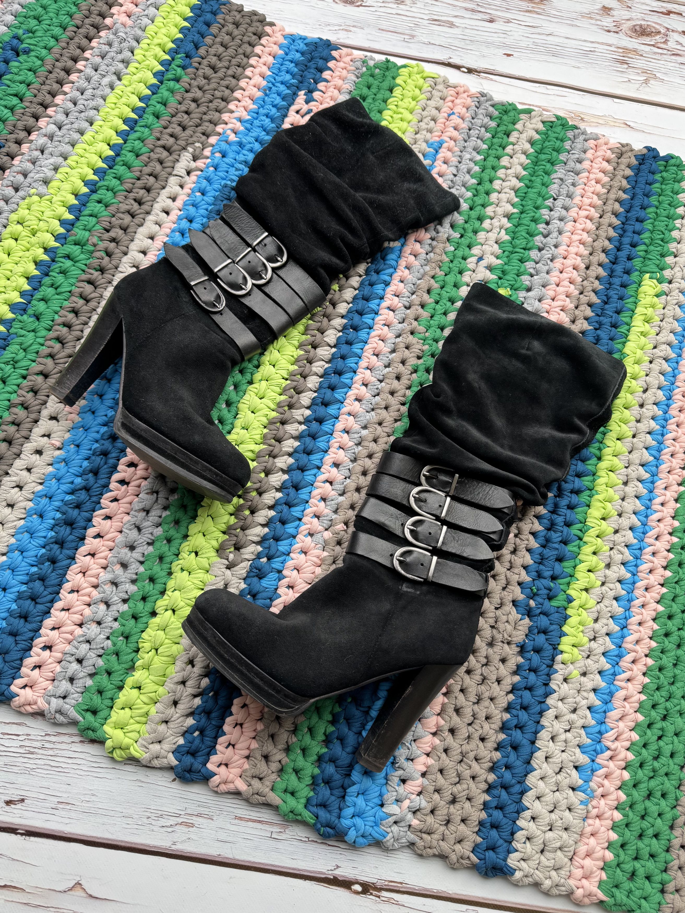 Avant Garde x Vintage Suede Leather Belted Heel Shoes Boots in Black, Women's (Size 8)