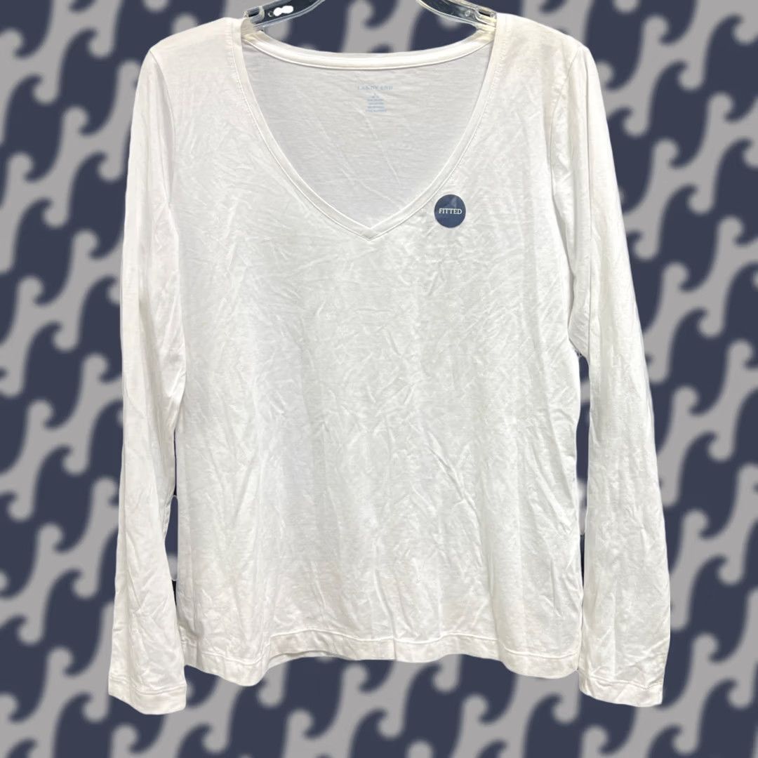 Lands' End Lands' End Womens White V Neck Long Sleeve Tee Shirt Fitted Size L 14-16 NWT Size XL / US 12-14 / IT 48-50 - 1 Thumbnail