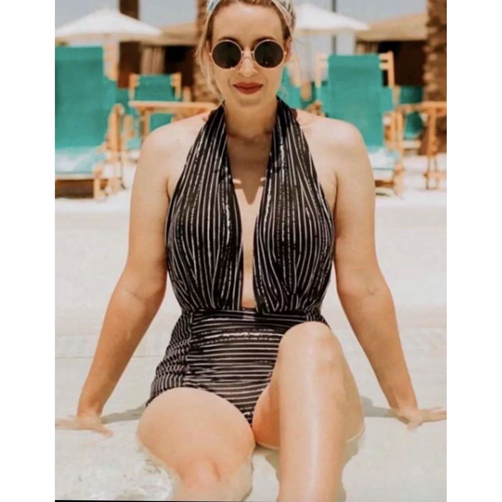 Bather COCOSHIP One Piece Retro Backless Bather High-Waisted Swimsuit 12 Women's Black & White Striped Halter Adjustable Strap Built-In Bra Size ONE SIZE - 2 Thumbnail