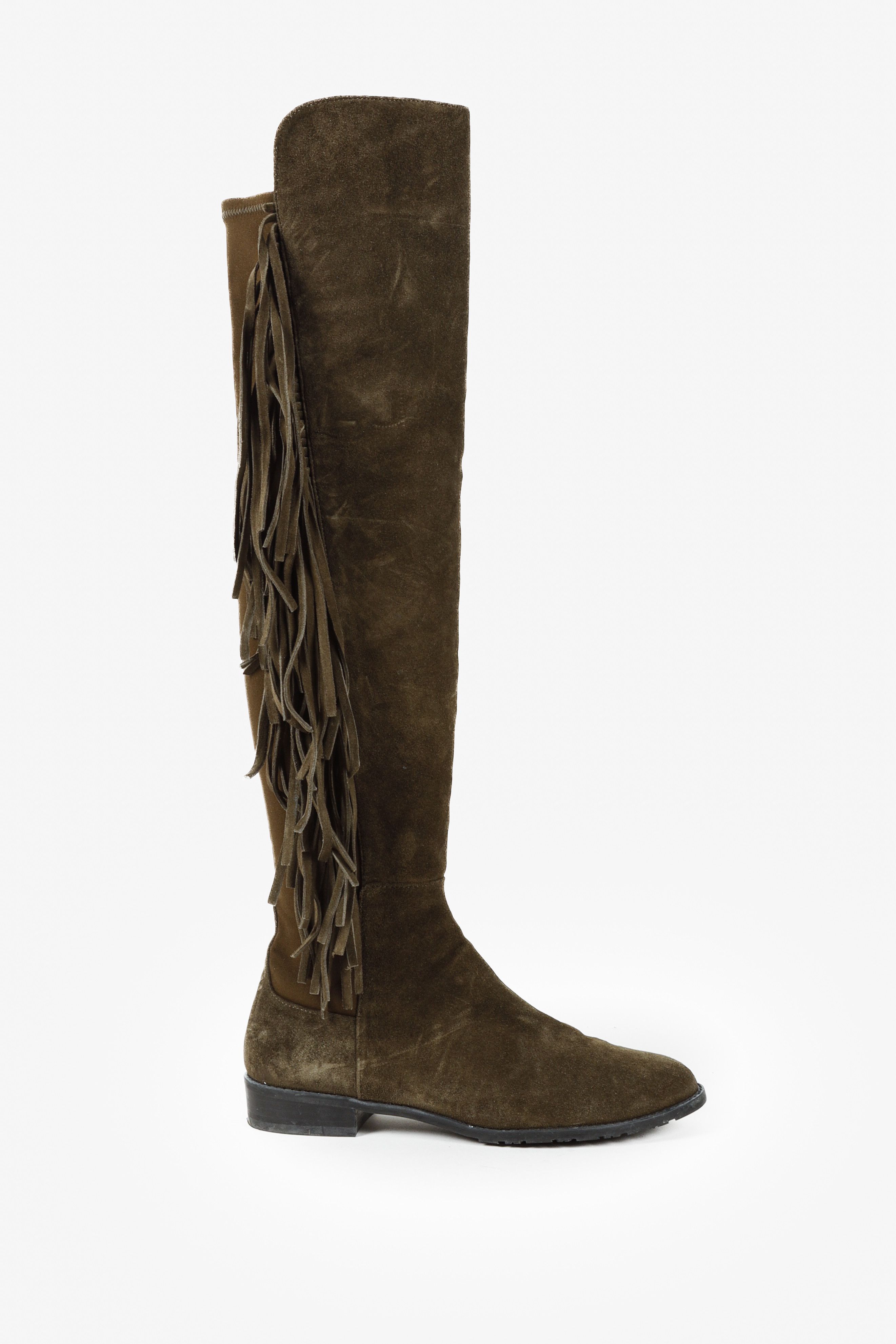 Stuart Weitzman 5050 Mane Fringe Olive Suede OTK Boots