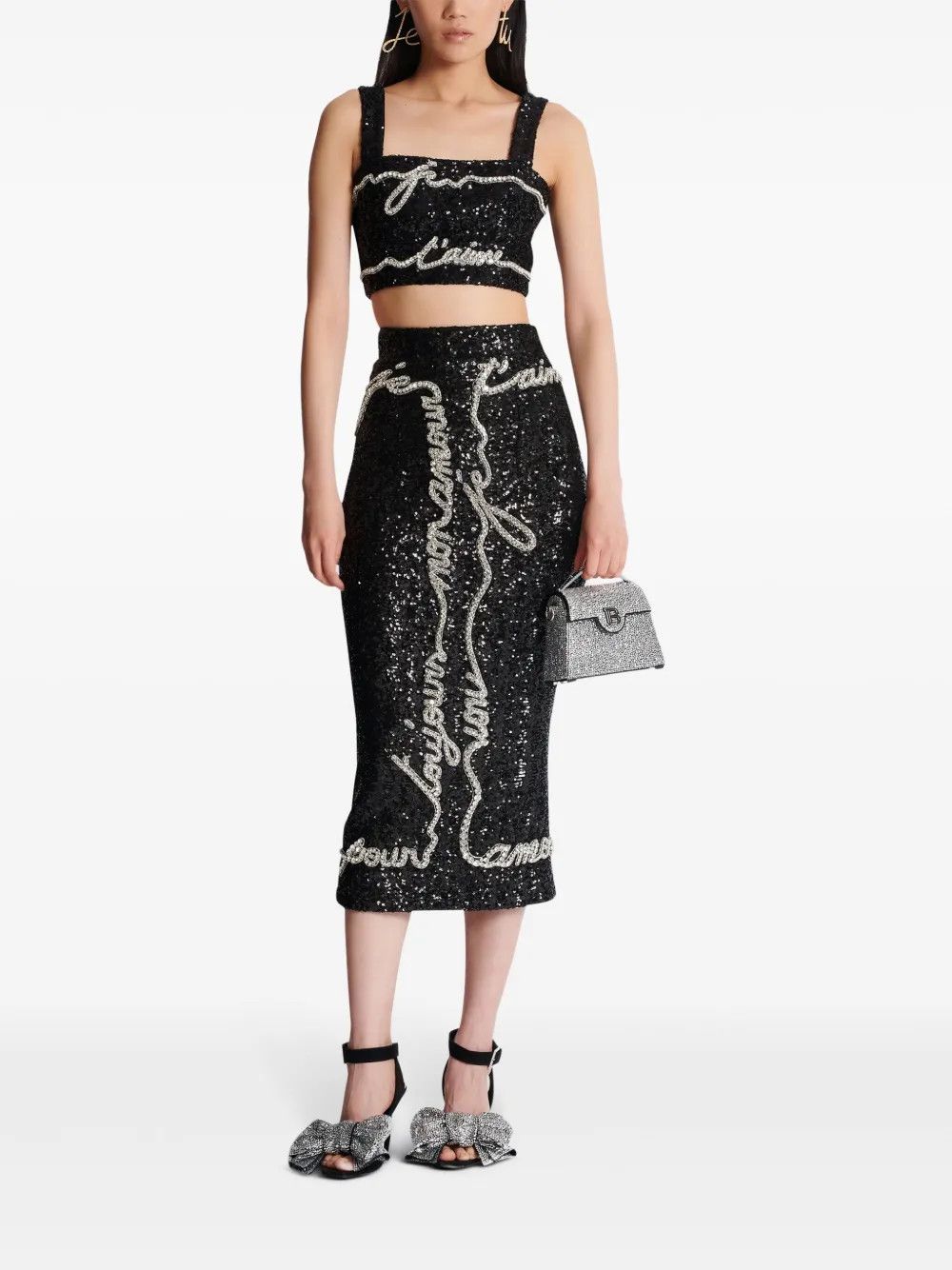 Balmain o1s1wg111225 Sequin Embellished Midi Skirt in Black Size 30" / US 8 / IT 44 - 2 Thumbnail