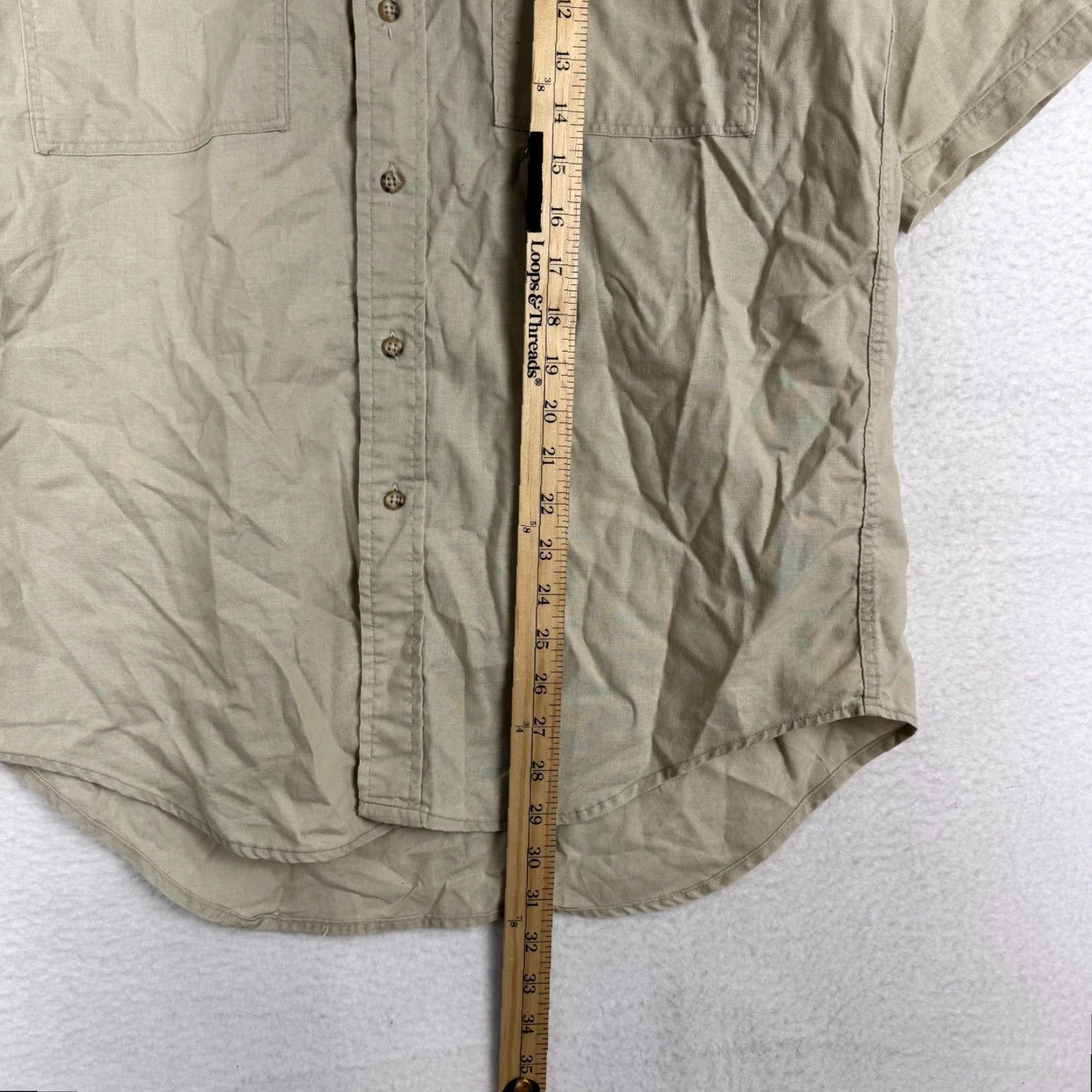 Vintage VINTAGE Woolrich Mens Large Tan Cotton Short Sleeve Button Up Made USA Shirt 60s 70s Casual Outdoor Pockets Modeled Men's Clothing Beige Body Size US 33 - 5 Thumbnail