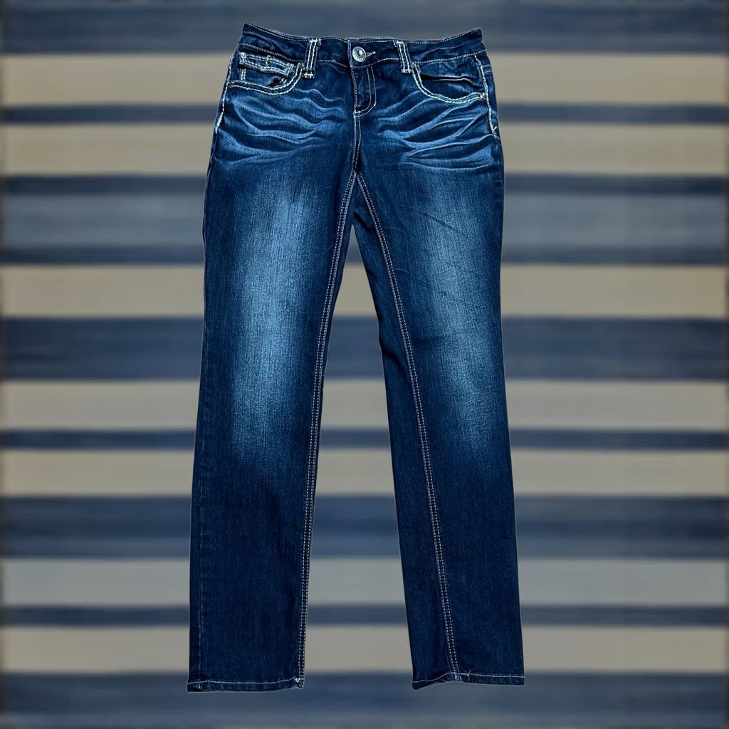Denime ZCO Jeans Ladies Blue Distressed Embroidered Embellished Denim Jeans Size 11 Women’s Regular Bootcut 5-Pocket Cotton Blend Spandex Size 32" / US 10 / IT 46 - 1 Thumbnail