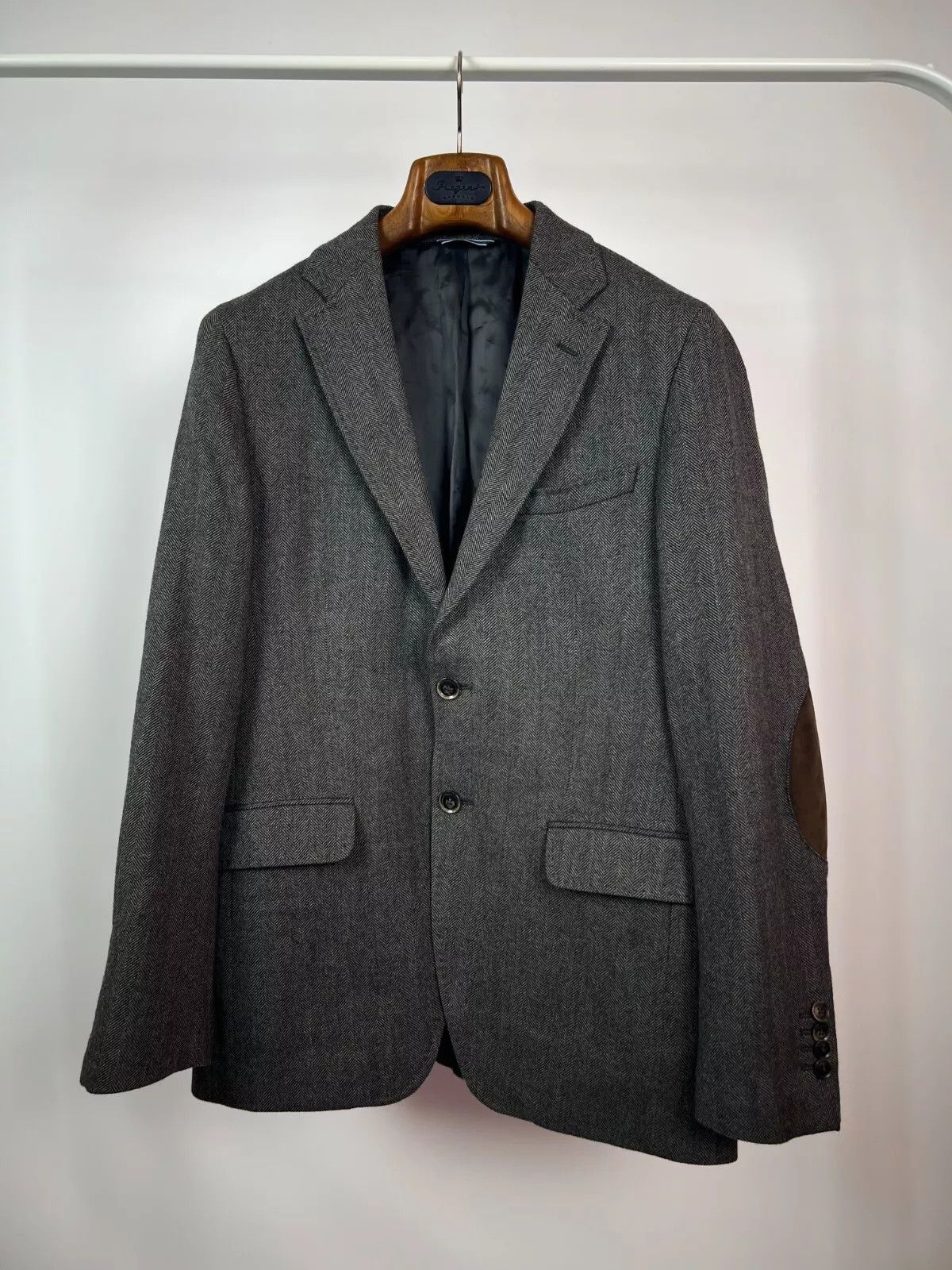 Massimo Dutti Massimo Dutti Grey Herringbone Wool Elbow Patches Blazer Size 40R - 5 Thumbnail
