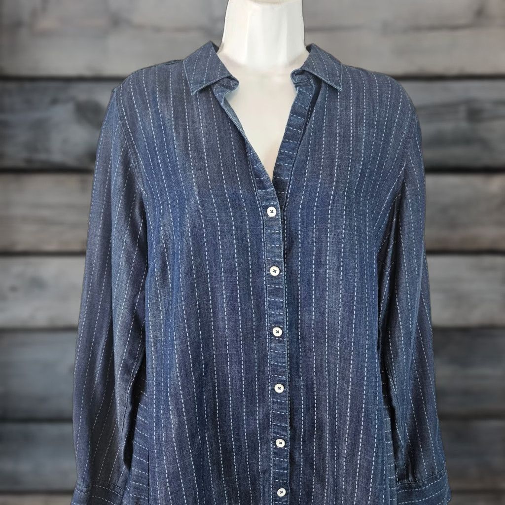 Vintage Foxcroft Womens Button-Up Top Sz 8 Blue Stripe Tencel Long Sleeve Shirt Womens Size M / US 6-8 / IT 42-44 - 1 Thumbnail