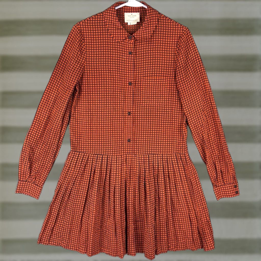 Vintage Kate Spade New York Checkered Long Sleeve Button Up Pleated Shirt Dress 4 Orange Satin Polyester Knee Length Size S / US 4 / IT 40 - 1 Thumbnail