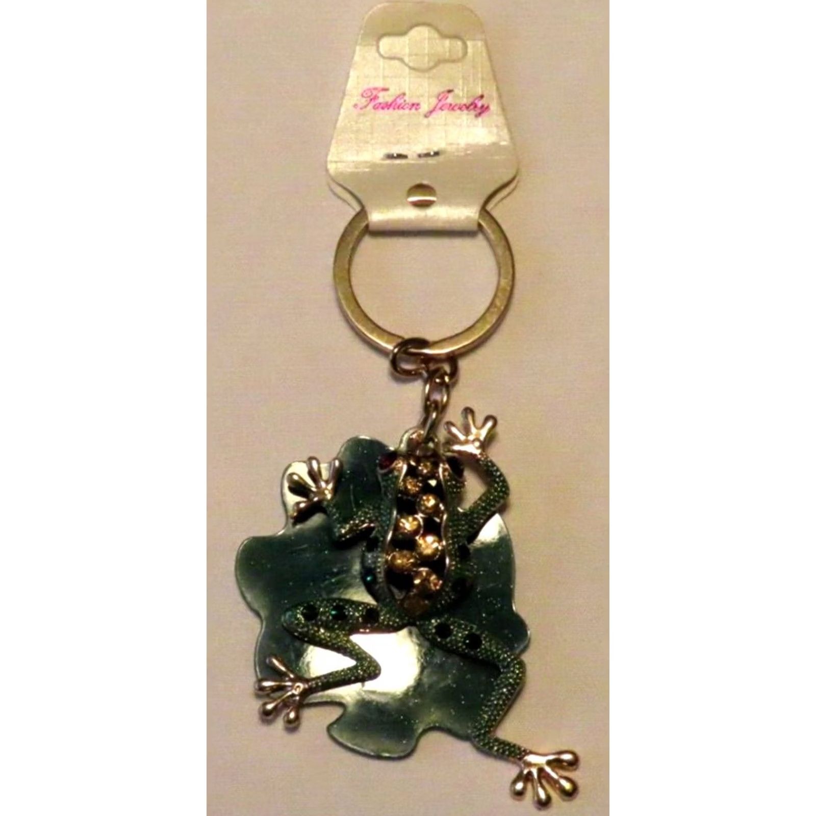 Vintage Unbranded Keyring Frog - Jeweled Enameled Metal Frog on Plastic Lily Pad, Green, 2.5" Size ONE SIZE - 2 Thumbnail