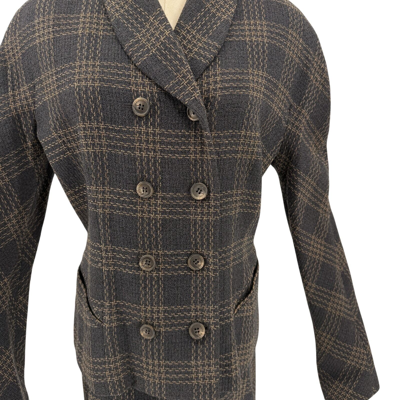 Emanuel Ungaro Vintage 90s Gray Wool Plaid Double Breasted Skirt Suit Size XL / US 12-14 / IT 48-50 - 3 Thumbnail
