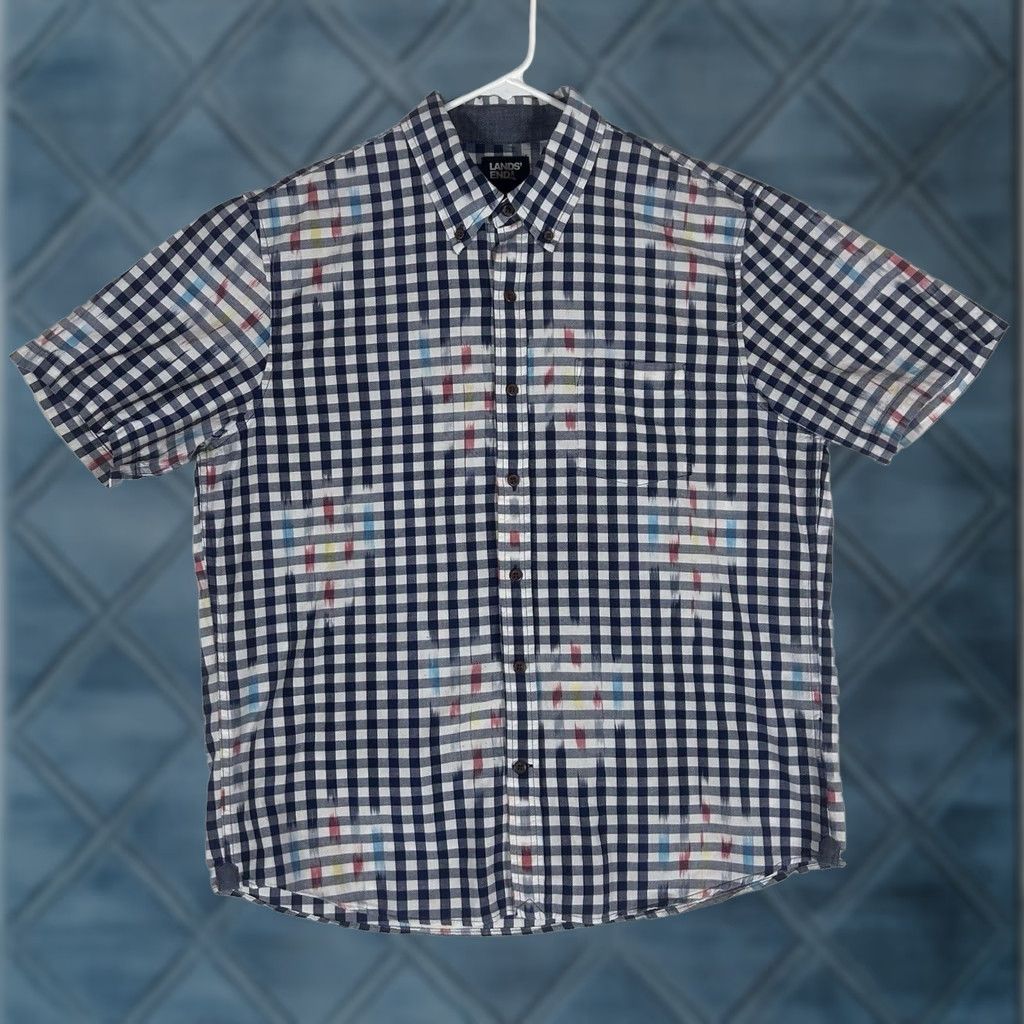 Lands' End Lands' End Button Down Shirt Men's L Blue Gingham Plaid Short Sleeve Casual Size US L / EU 52-54 / 3 - 1 Thumbnail