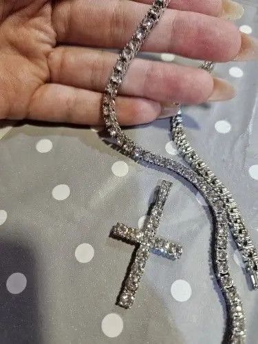 Jewelry Hip Hop Cross Pendant Necklace With 4mm Zircon Tennis Chain Size ONE SIZE - 8 Thumbnail
