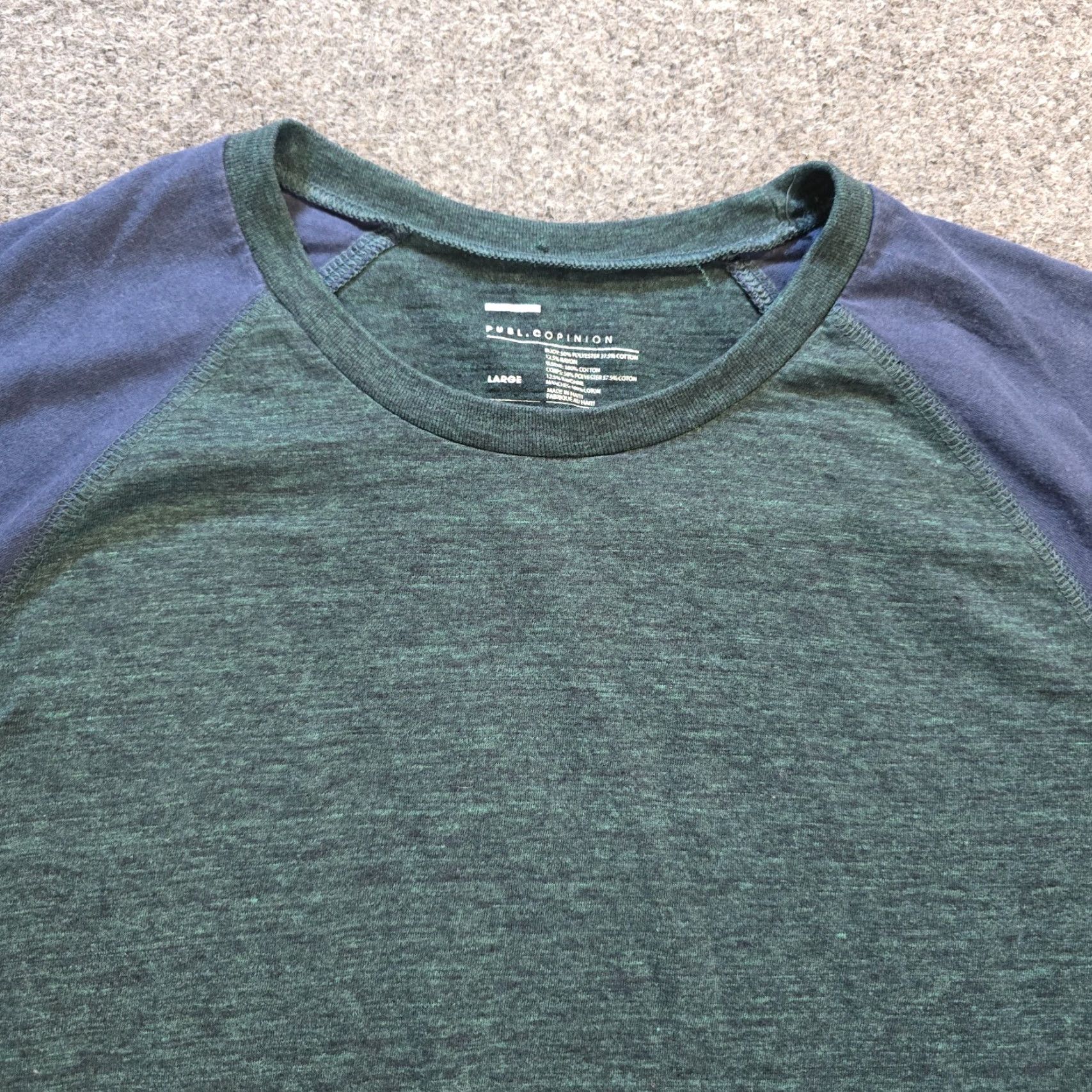 Vintage Public Opinion Top Mens Size Large Baseball Raglan T-Shirt Blue Green Cap Sleeve Casual Capsule Regular Knit Cotton Lightweight Summer Spring Fall Size US L / EU 52-54 / 3 - 2 Thumbnail