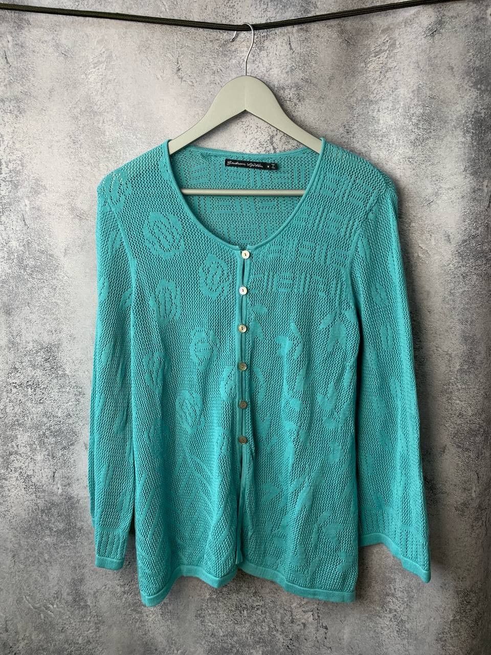 Designer Gudrun Sjoden Green Cotton Pointelle Knit Cardigan Sweater Size M / US 6-8 / IT 42-44 - 1 Thumbnail