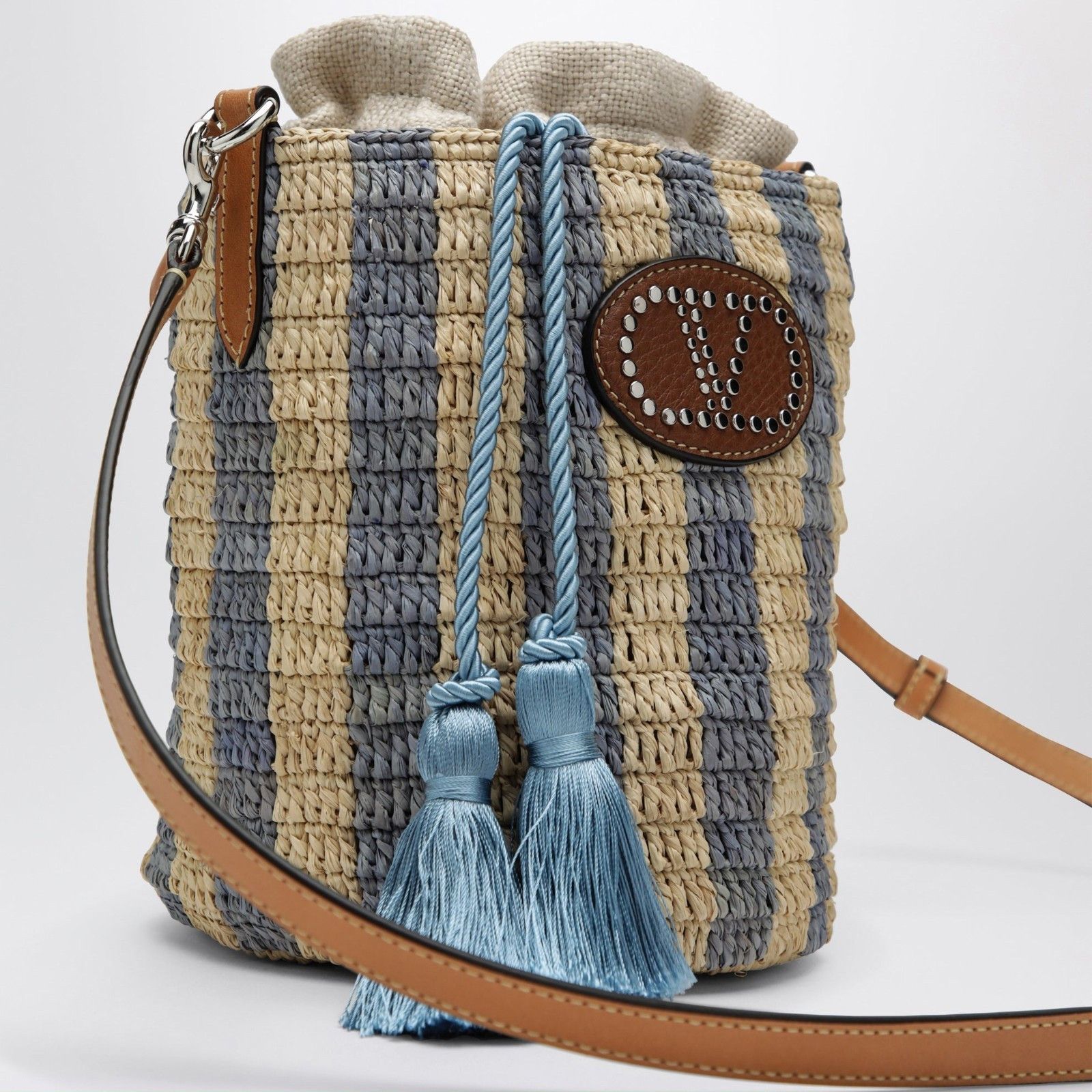 Valentino VALENTINO GARAVANI Small Beige Light Blue Raffia Bucket Bag Size ONE SIZE - 5 Thumbnail