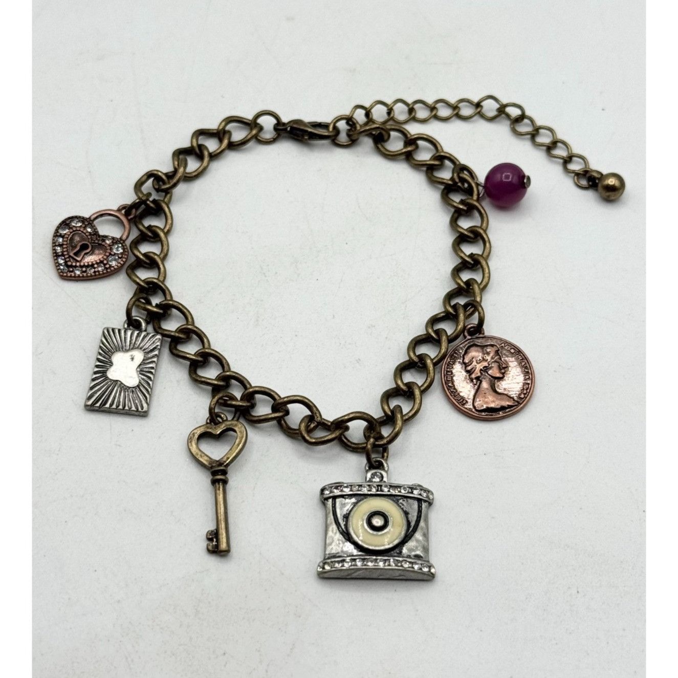 Other Gold rhinestone coin key heart rhinestone charm bracelet Size ONE SIZE - 1 Thumbnail