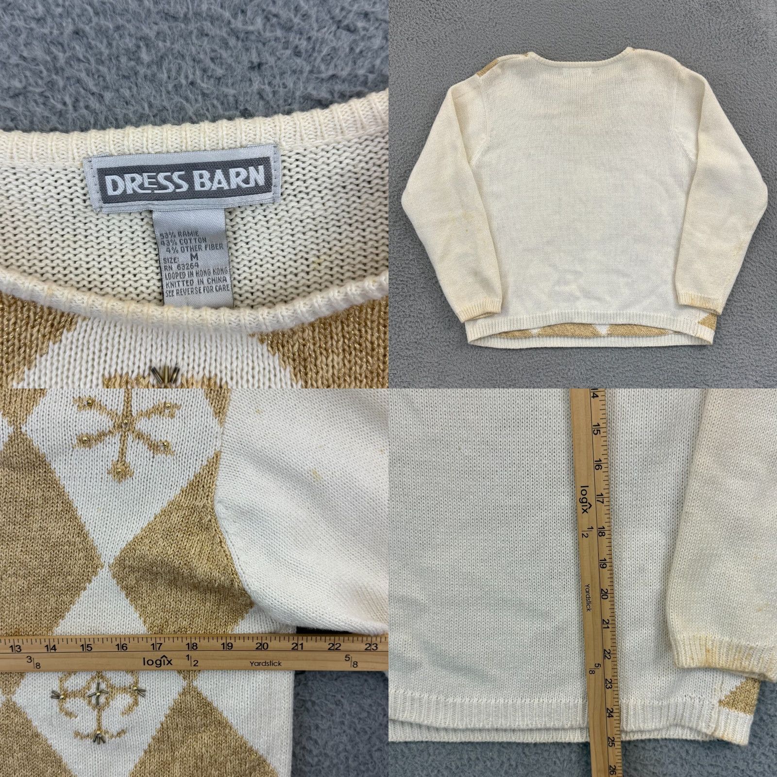 Vintage VINTAGE Dressbarn Sweater Womens Medium Ivory Argyle Pullover Asymmetrical Sleeve Jewel Beaded Logo 90s Christmas Classic Holiday Retro Size M / US 6-8 / IT 42-44 - 8 Thumbnail