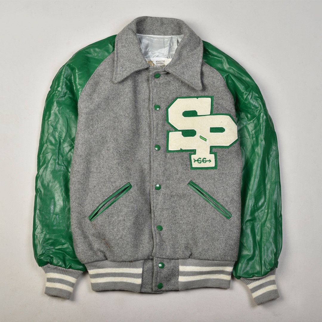 image of American College x Howe Varsity Jacket Grey Green Made In Usa, Men's (Size Medium)