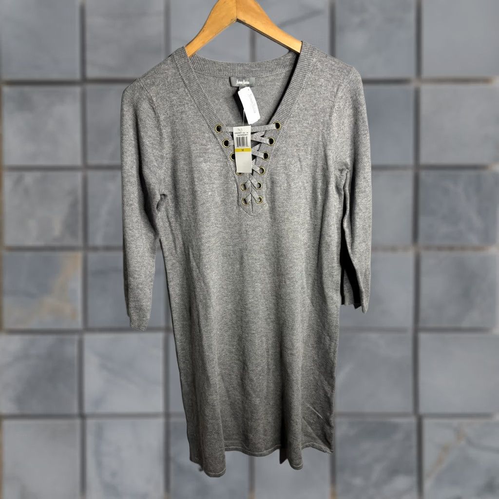 Neiman Marcus Neiman Marcus Womens Medium Gray V Neck Knit Sweater Dress 3/4 Sleeve Lace Up Size M / US 6-8 / IT 42-44 - 1 Thumbnail