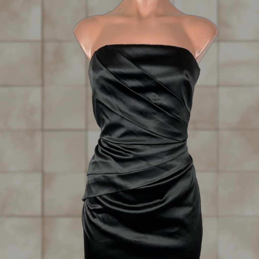 VINTAGE White House Black Market Dress Ball Gown Strapless Ruched Satin  Knee Length Black 6 Womens