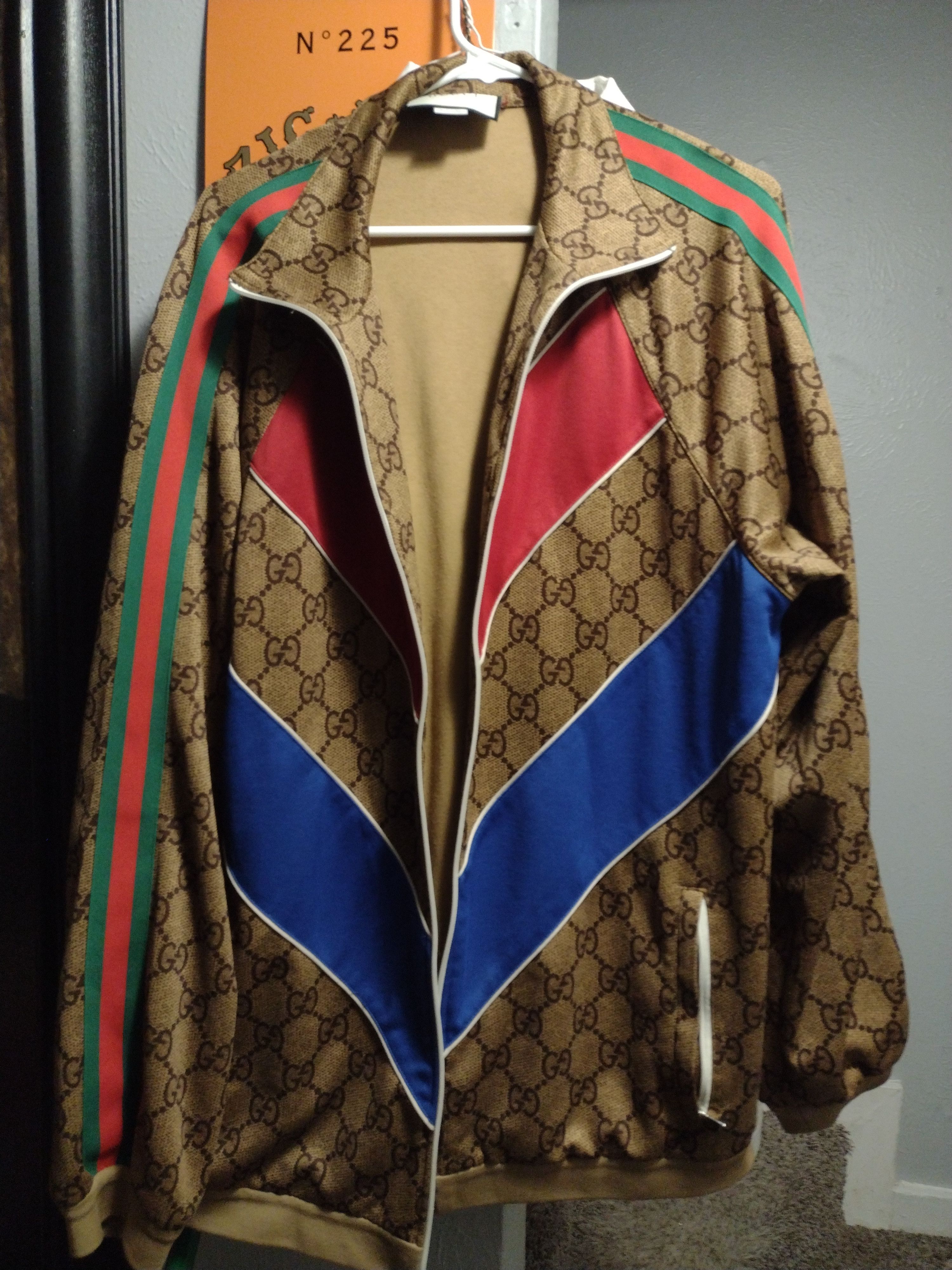 image of Gucci Mane Tracksuit Jacket GG Monogram in Brown/Blue/Red Stripe, Men's (Size 2XL)