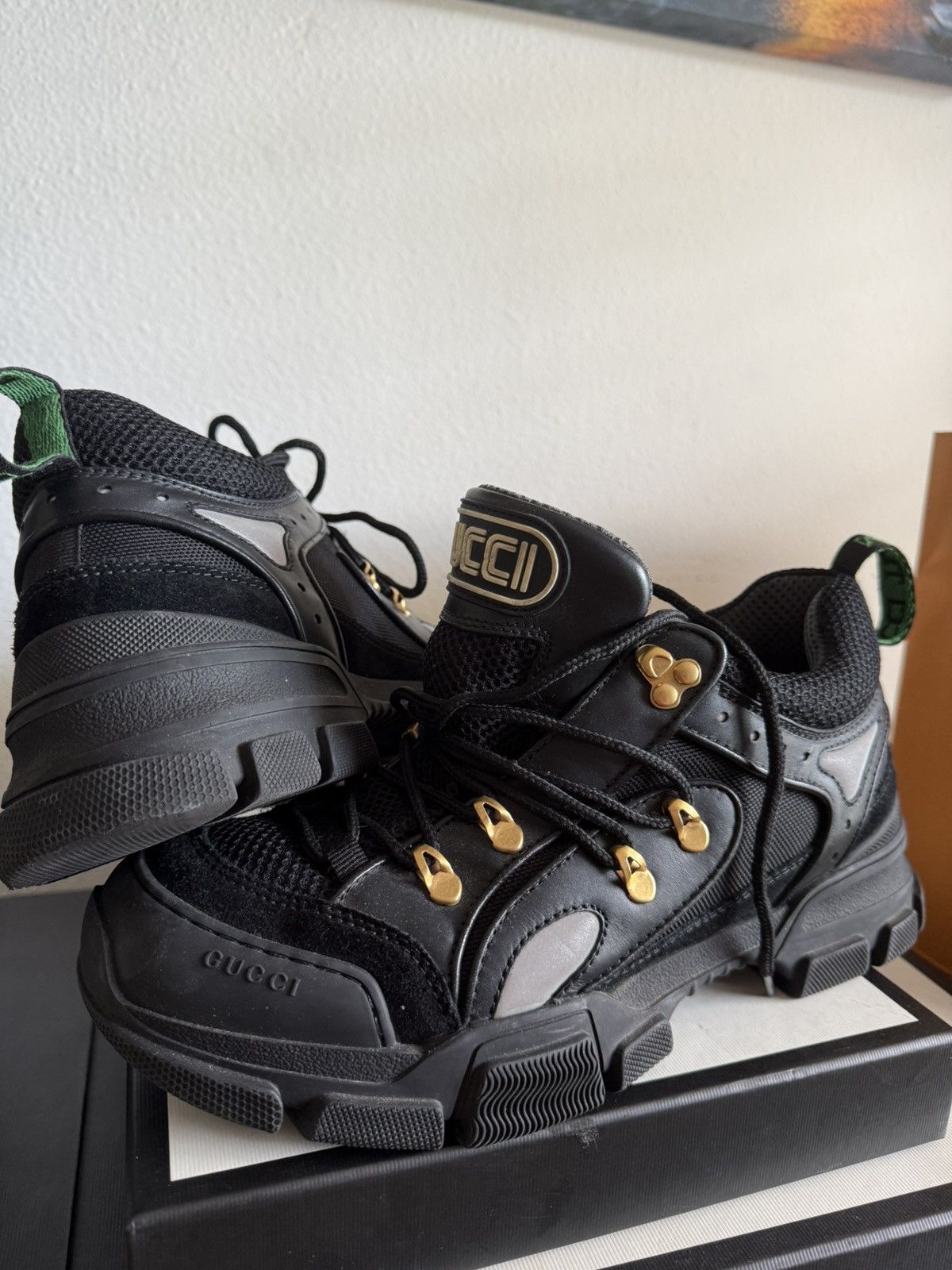 Gucci Gucci Flashtrek Sneakers Black Mesh Leather Gold Hardware Size US 8.5 / EU 41-42 - 1 Thumbnail