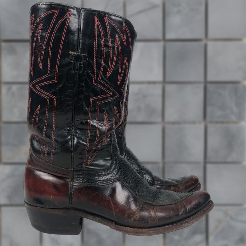 Durango VINTAGE Durango Boots Western Cowboy Mens 10.5 D Black Leather Mid-Calf Pointed Toe Pull On | Embroidered Logo | Boots | Durango | USA Made Size US 11 / EU 44 - 1 Thumbnail
