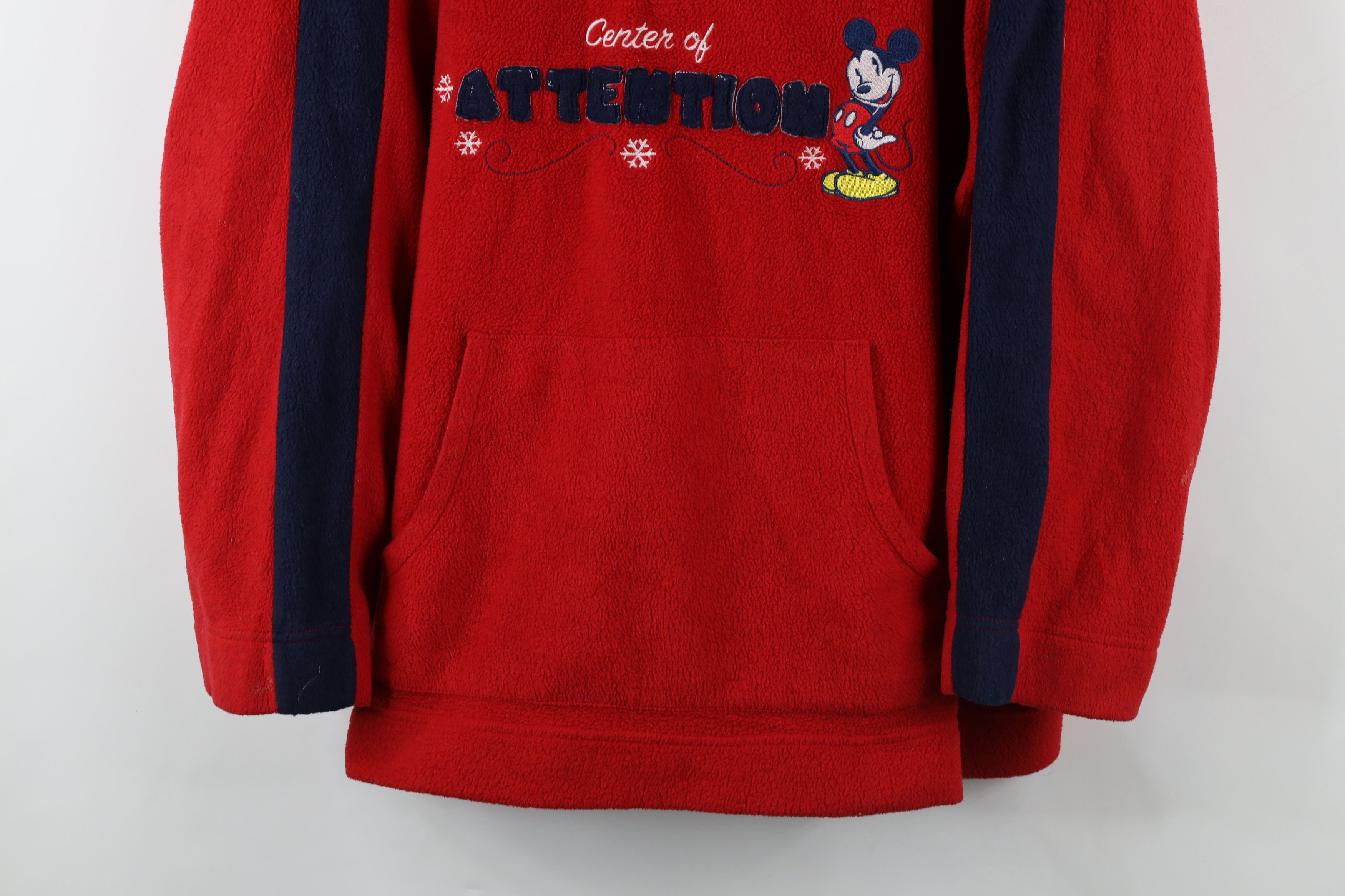 Disney × Vintage Vintage 90s Disney Attention Mickey Mouse Fleece Hoodie Red Size 4XL / US 24-26 - 3 Thumbnail