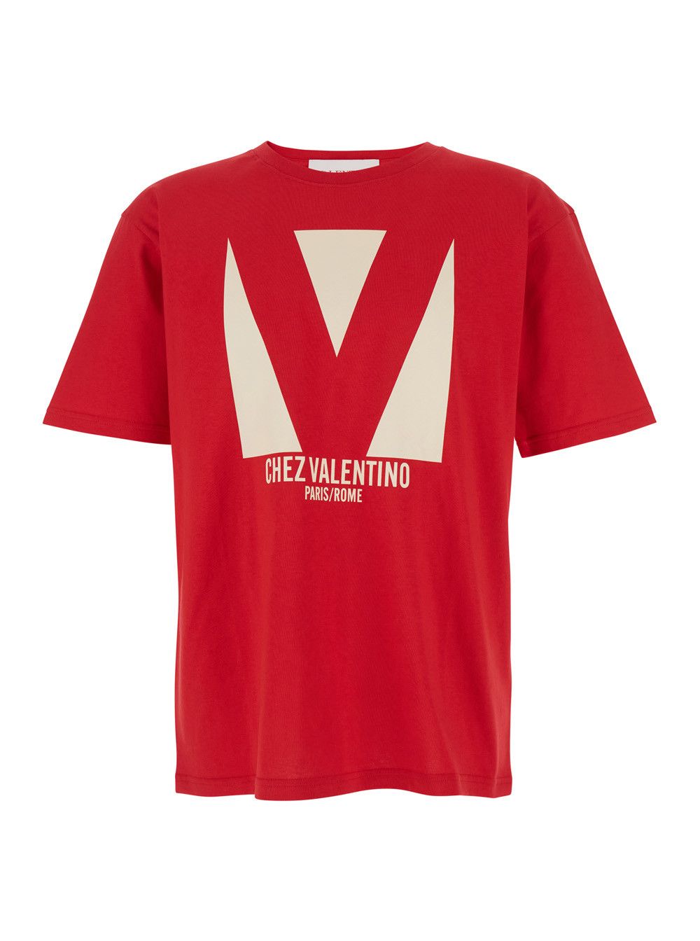 'Chez' Red Crewneck T-Shirt with Maxi Logo Print on the Front in Cotton Man