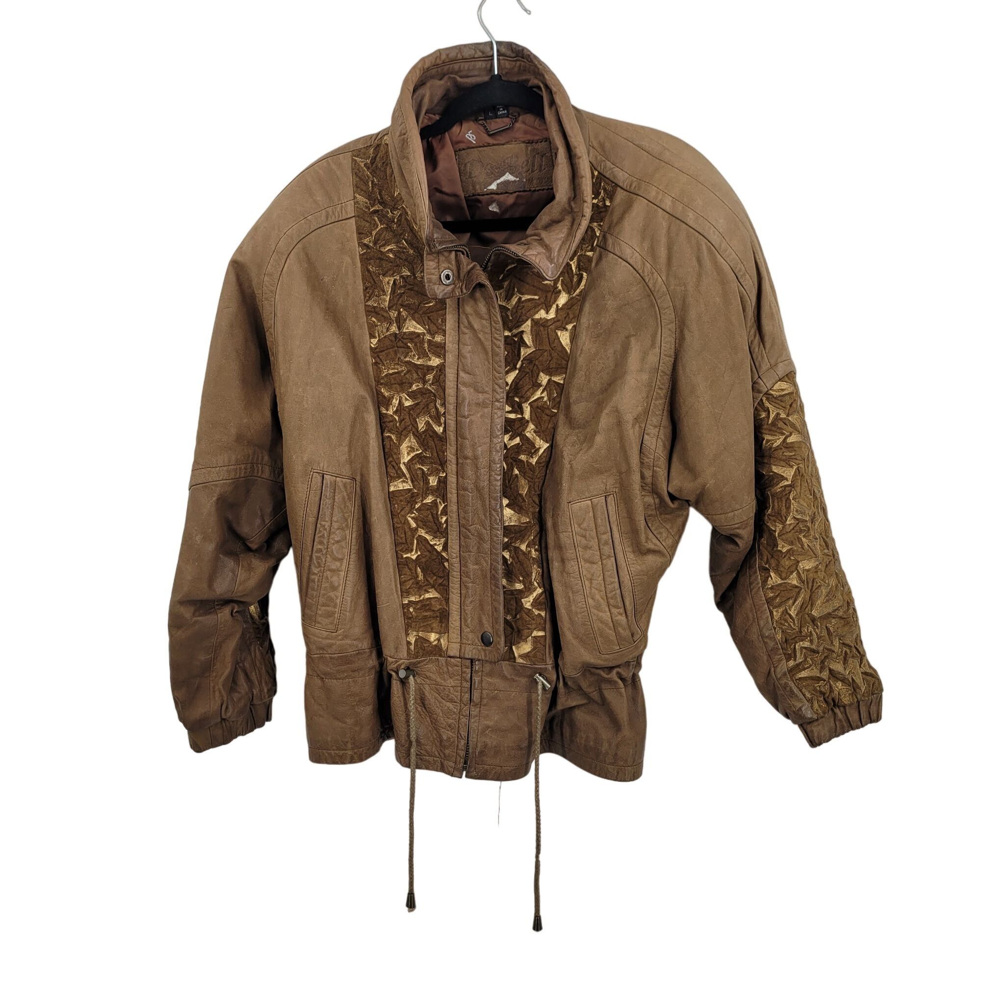 image of Vintage 80's Leather Bomber Jacket L Cognac Crinkle Gold, Women's (Size Large)