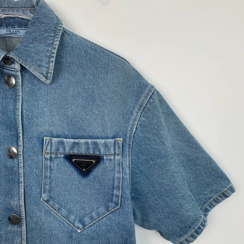 Prada PradaSize 36 22 blue triangle cotton lapel short-sleeved sh Size US XXS / EU 40 - 3 Thumbnail