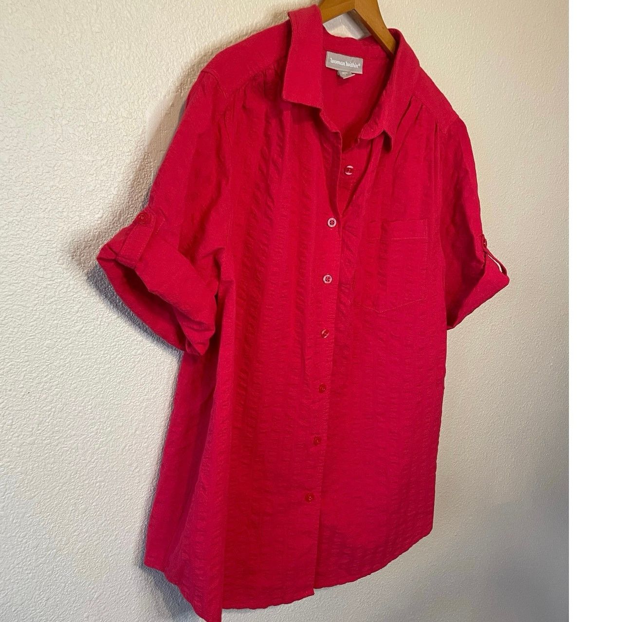 Other Woman Within Cotton Red Textured Roll Tab Button Up Top Lg Size XXL / US 16-18 / IT 52-54 - 3 Thumbnail