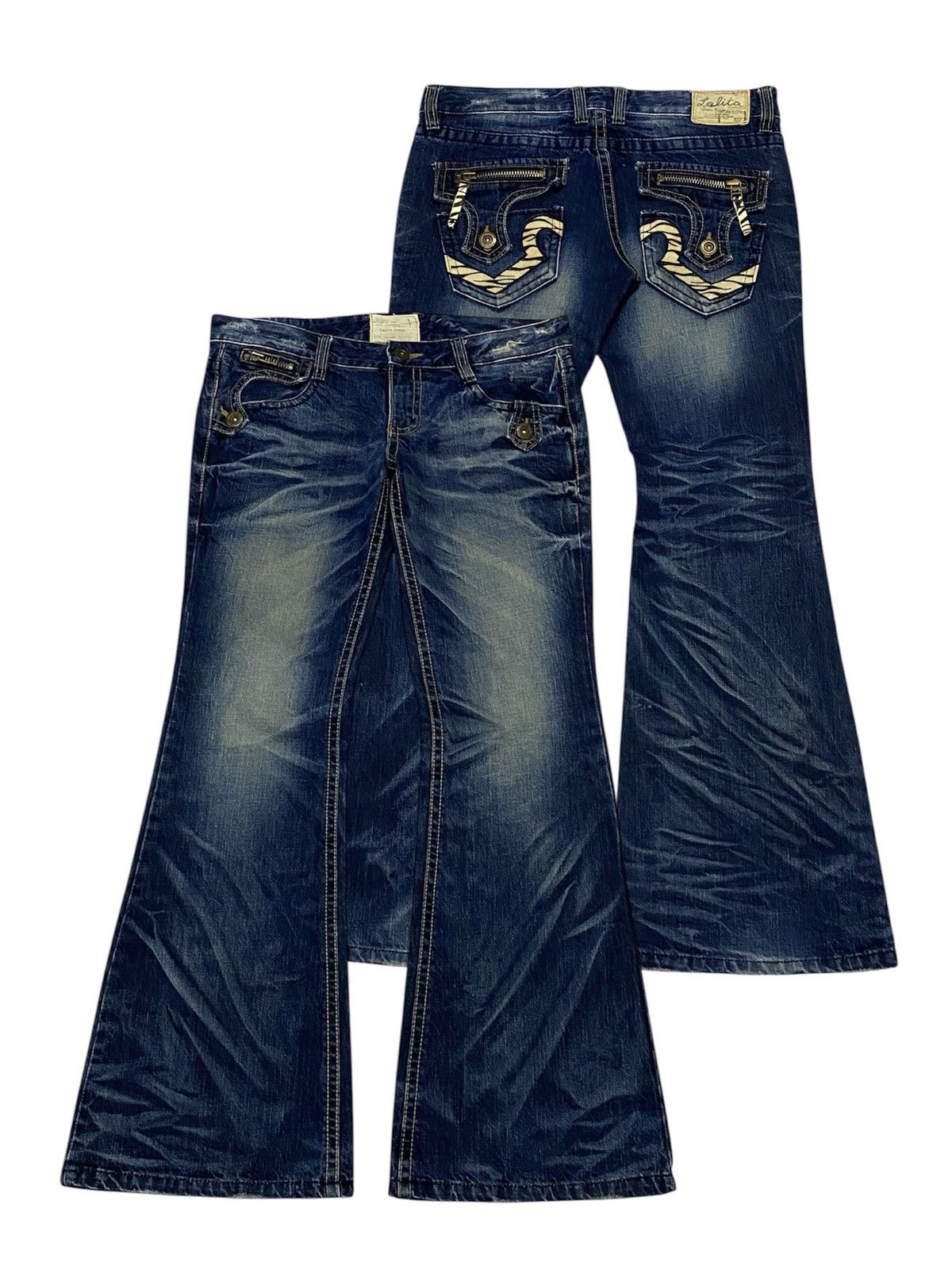 Hysteric Glamour Super Flare💃Lolita Zebra Pocket Distressed Denim Pants Size US 35 - 1 Thumbnail