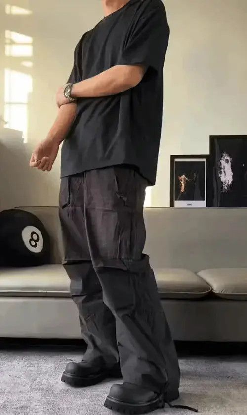 Black faded pleated baggy cargo pants