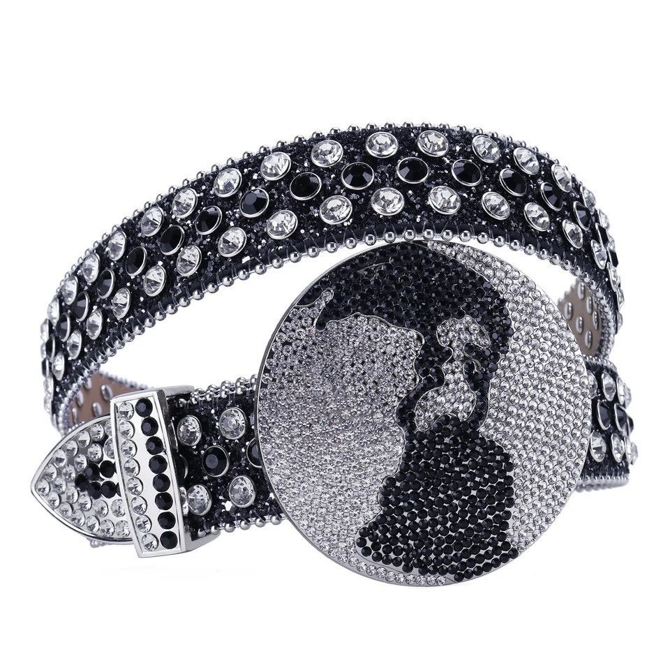 image of Y2K Black White Studded Rhinestone Pu Leather Belt, Men's