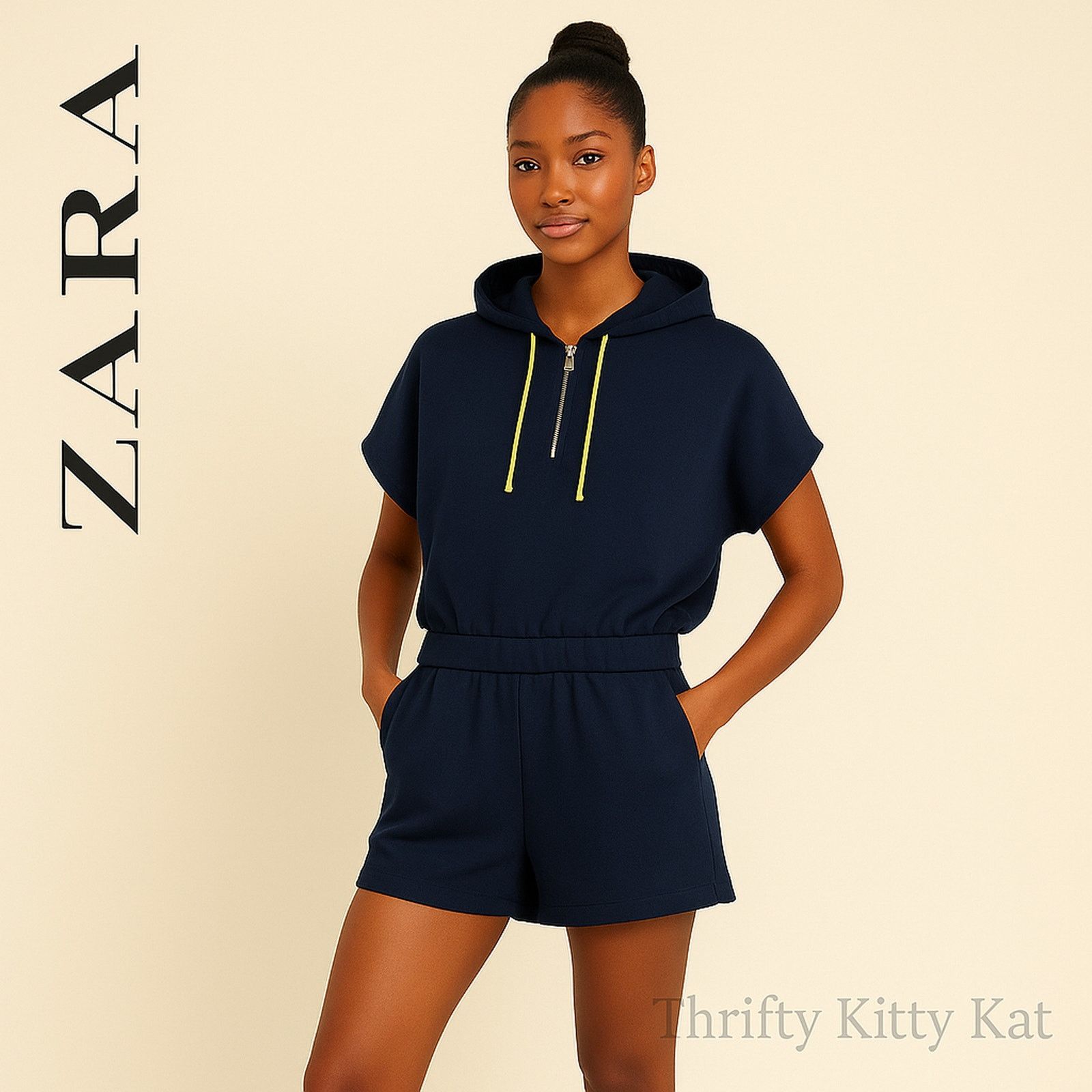 Zara Zara Basic Half Zip Hooded Short Sleeve Romper Navy M EUC Size 36" / US 14 / IT 50 - 1 Thumbnail