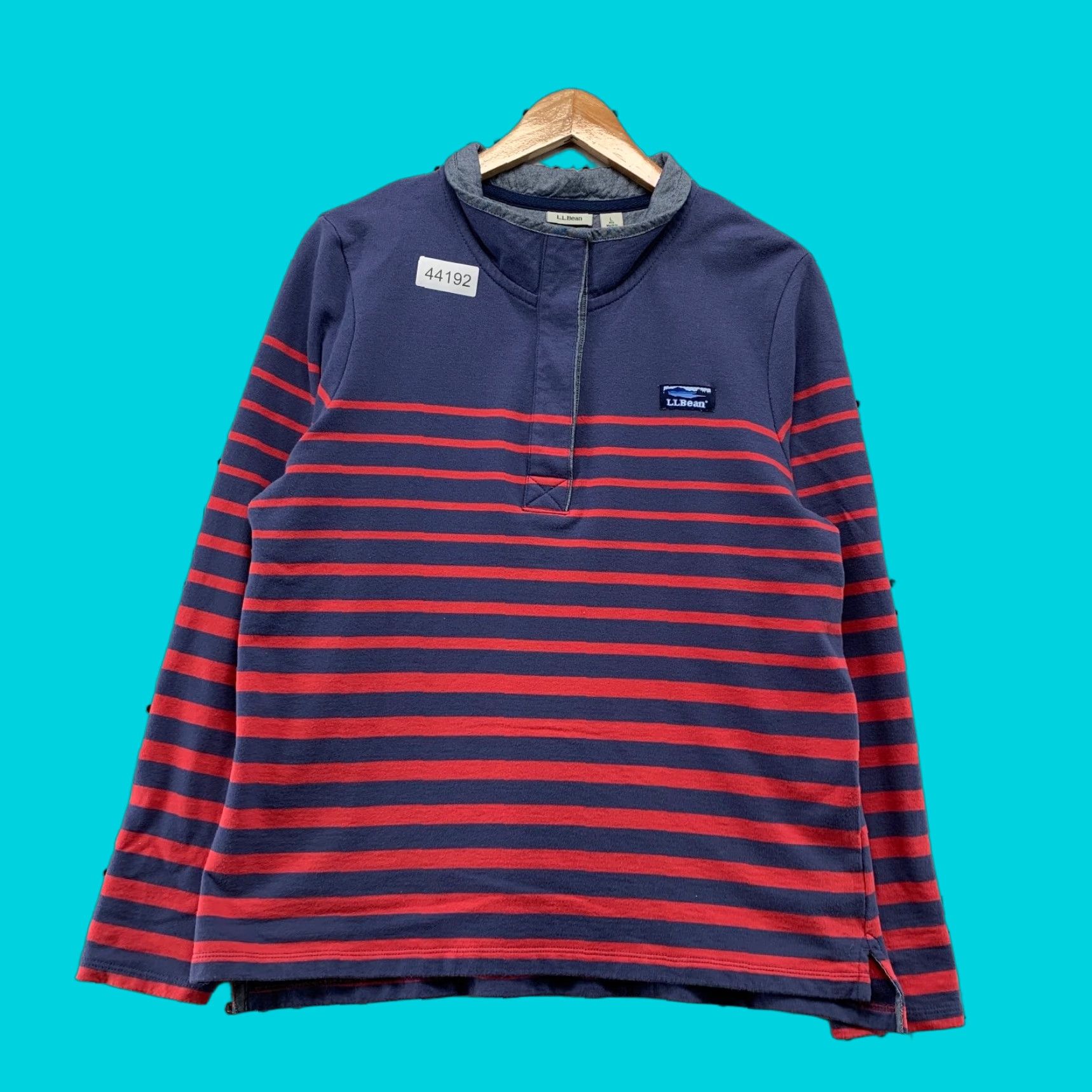 L.L.Bean Soft Cotton Rugby Henley Pullover Sweatshirt Womens Large Blue Red