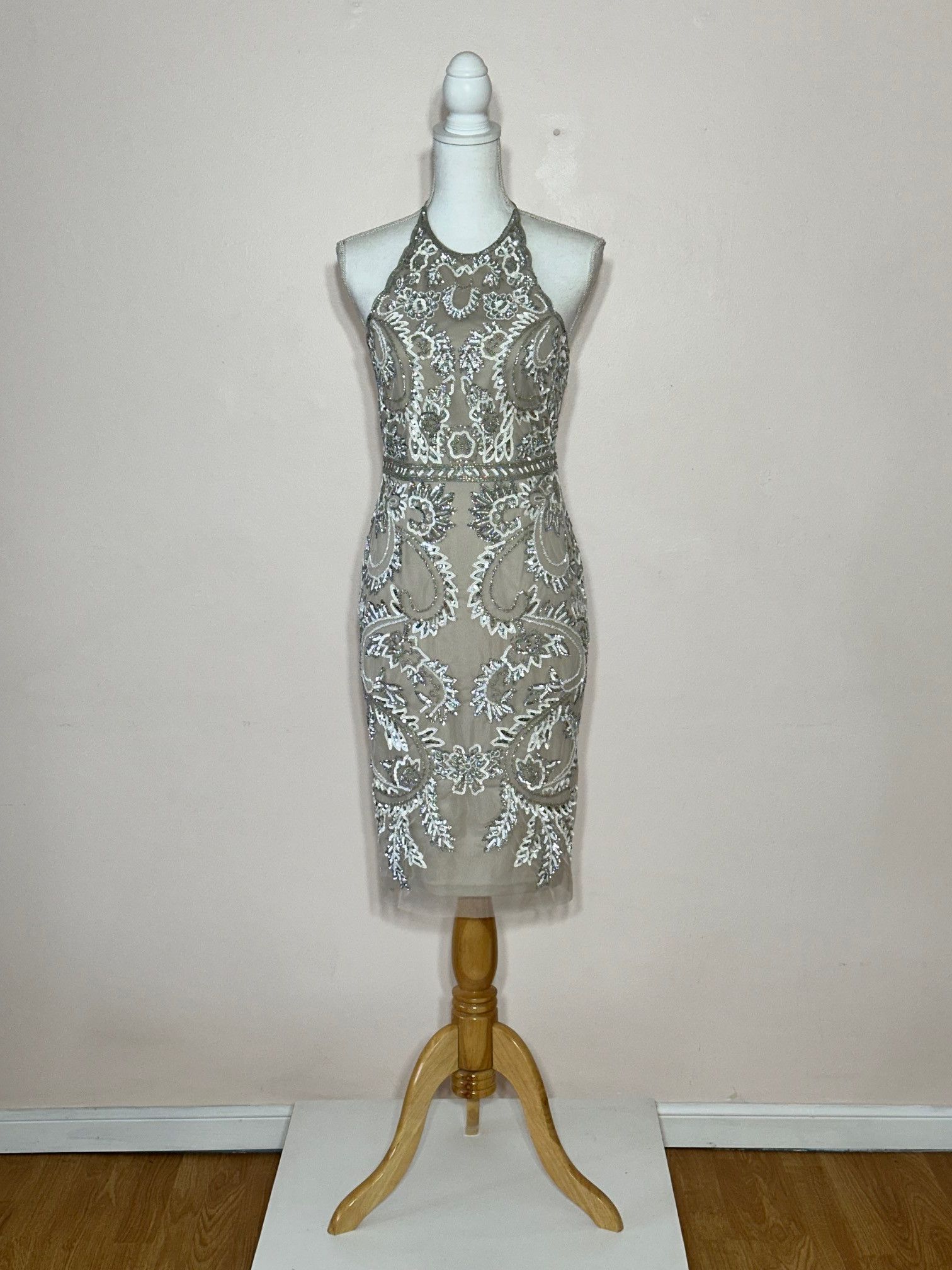 Adrianna Papell Beige Net with Silver Sequin and Beaded tie back dress Size XS / US 0-2 / IT 36-38 - 1 Thumbnail