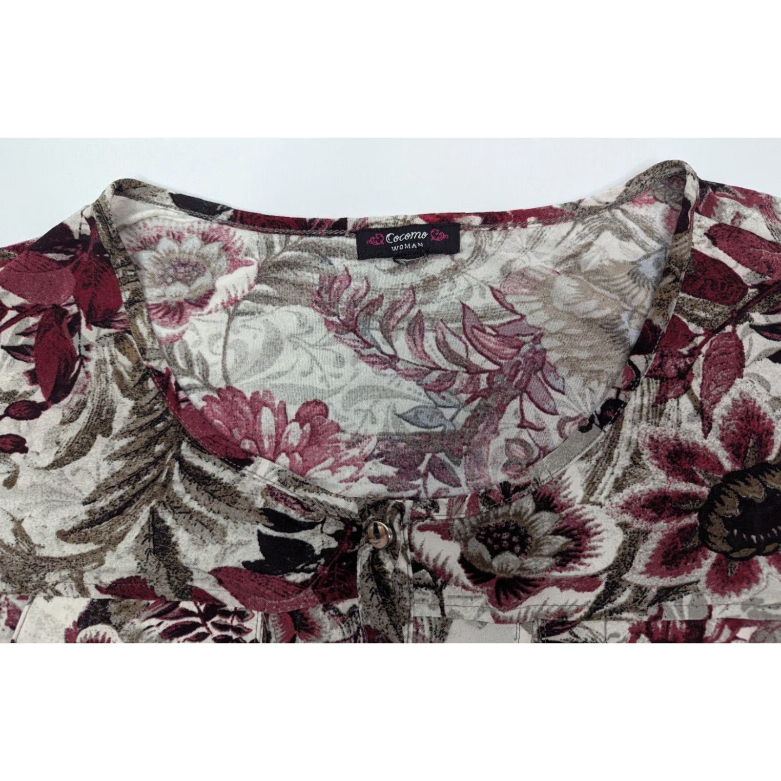 Vintage Cocomo Woman 2X Floral Leaf Cap Sleeve Pintuck Button Top V-Neck Henley Shirt Size XXL / US 16-18 / IT 52-54 - 5 Thumbnail