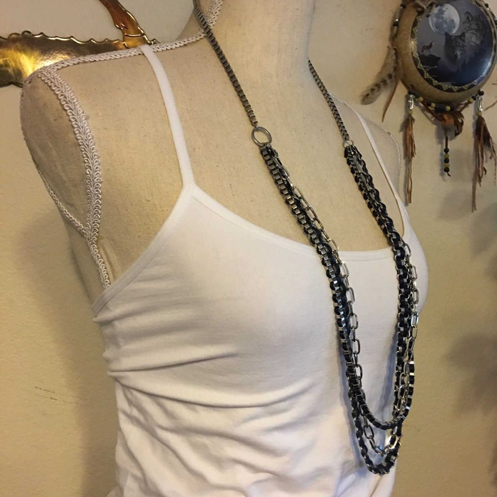 Jewelry Silver box link chain woven navy ribbon necklace Size ONE SIZE - 2 Thumbnail