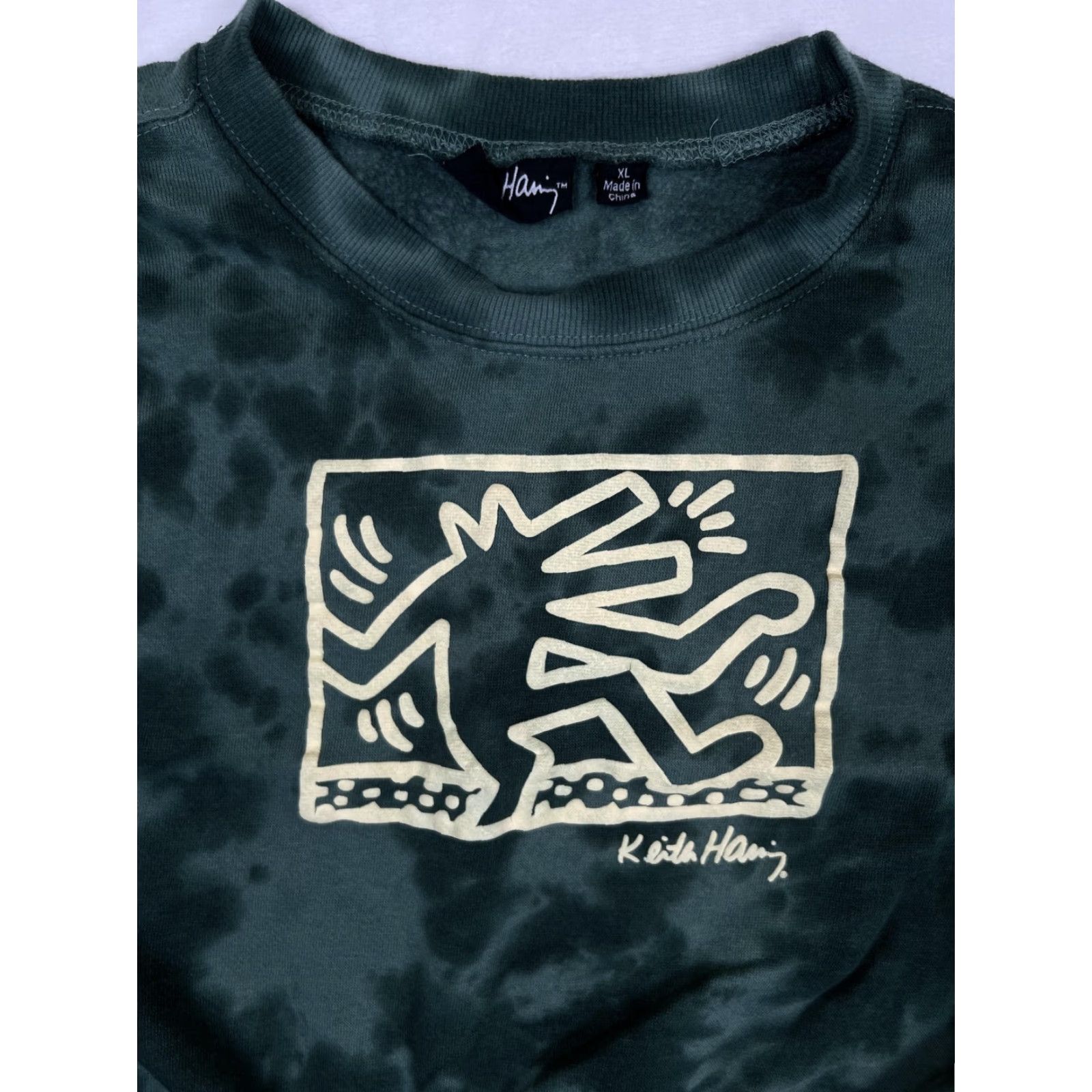 Vintage Keith Haring Sweatshirt Womens XL Green Tie-Dye Cropped Graphic Pullover Fleece Size XL / US 12-14 / IT 48-50 - 2 Thumbnail