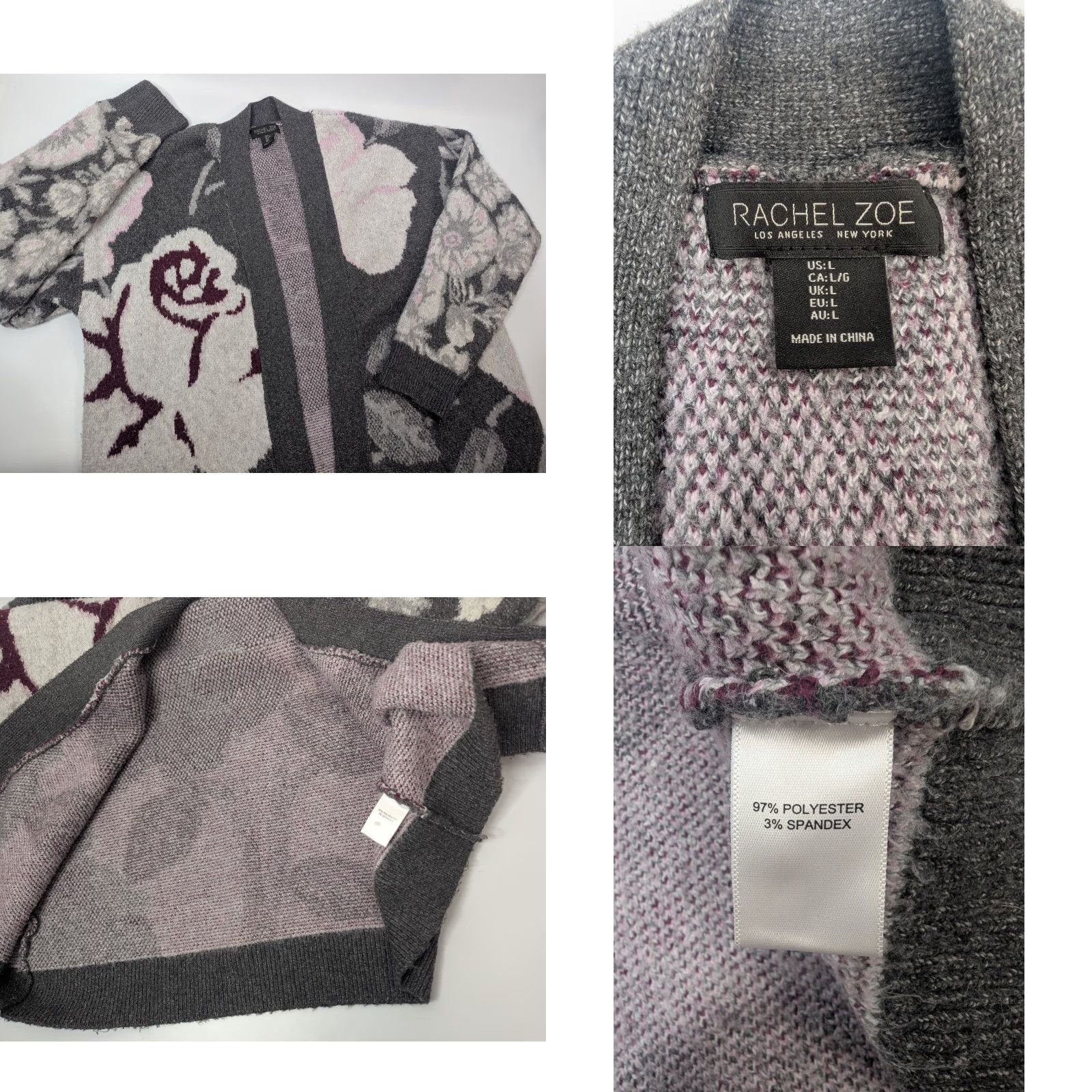 Rachel Zoe RACHEL ZOE Cardigan Women's Large Floral Oversized Knit Sweater - Open Front, Long Sleeve, Gray, 3-4 Season, Relaxed Fit, Machine Washable Size L / US 10 / IT 46 - 8 Thumbnail