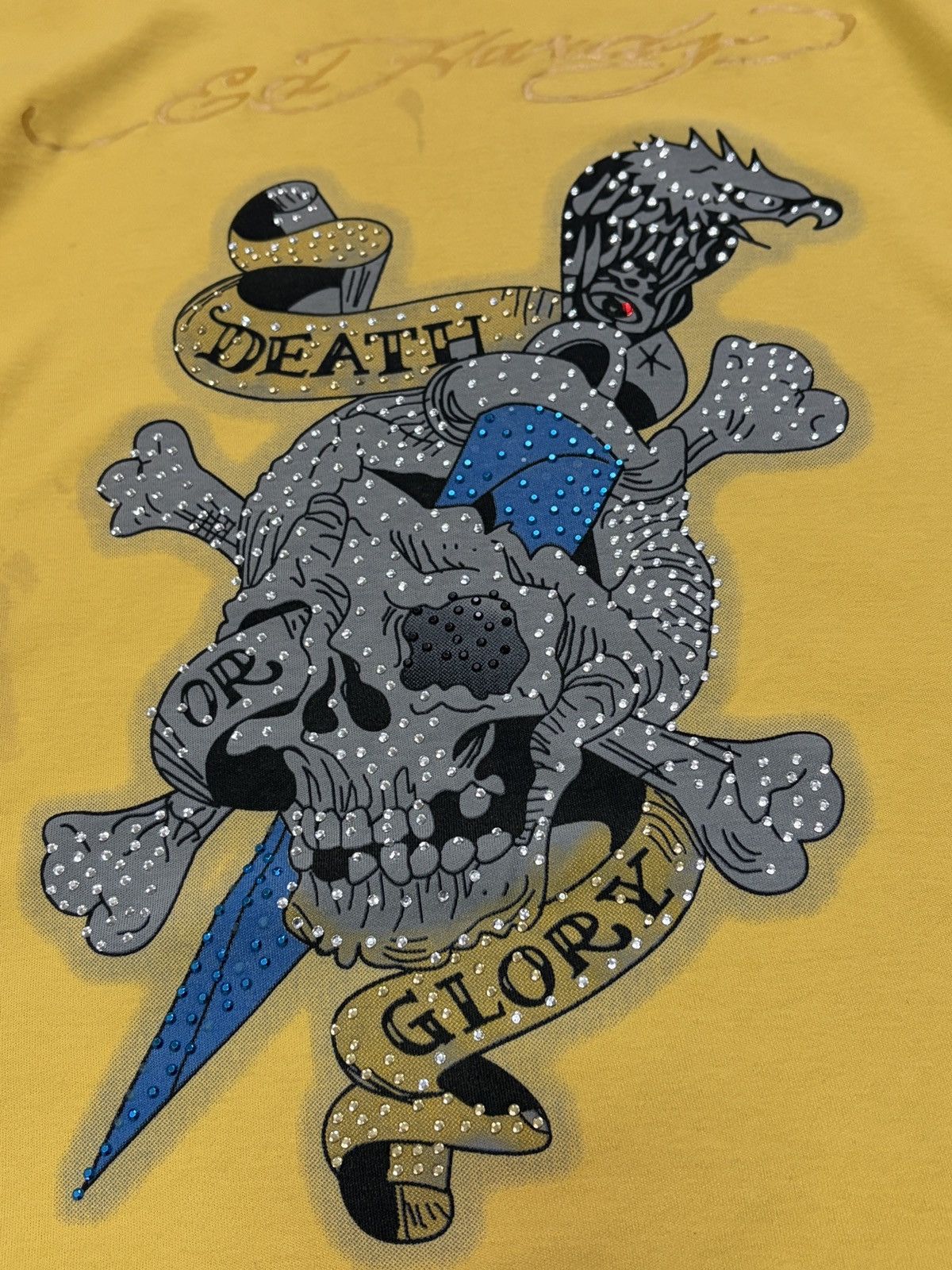 Ed Hardy Ed Hardy "Death or Glory" Yellow Tattoo Rhinestone Tee M Size US M / EU 48-50 / 2 - 6 Thumbnail