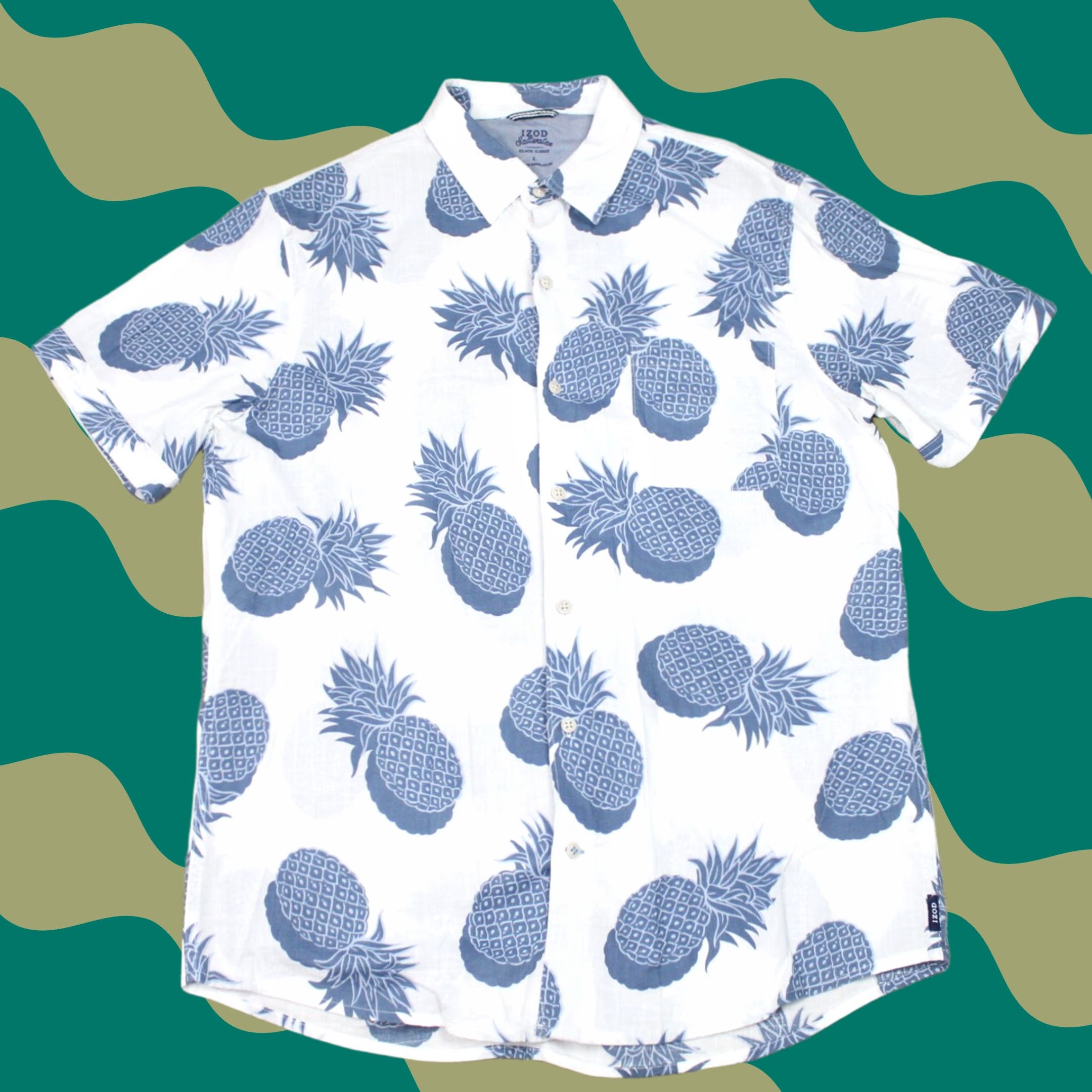 Izod IZOD Saltwater Pineapple AOP Shirt Mens Large White Short Sleeve Button-Up Casual Hawaiian Classic Mens L White Pineapple Pattern Size US L / EU 52-54 / 3 - 1 Thumbnail