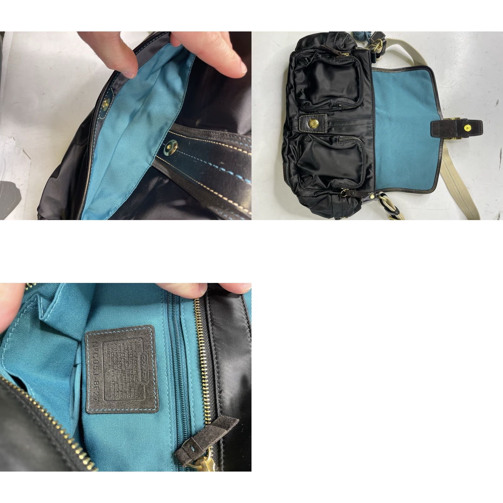 Coach VINTAGE Coach Shoulder Bag Black Teal Leather Nylon Zip Flap Canvas Medium Women Size ONE SIZE - 8 Thumbnail