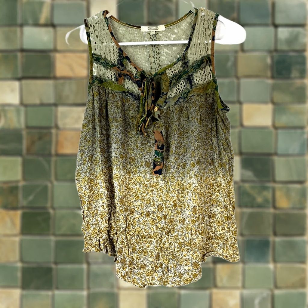 Vintage Gimmicks Blouse Sleeveless Floral Ombre Lace Button Tie Tunic Shirt Top Womens Small S Fashion Boho Size S / US 4 / IT 40 - 1 Thumbnail