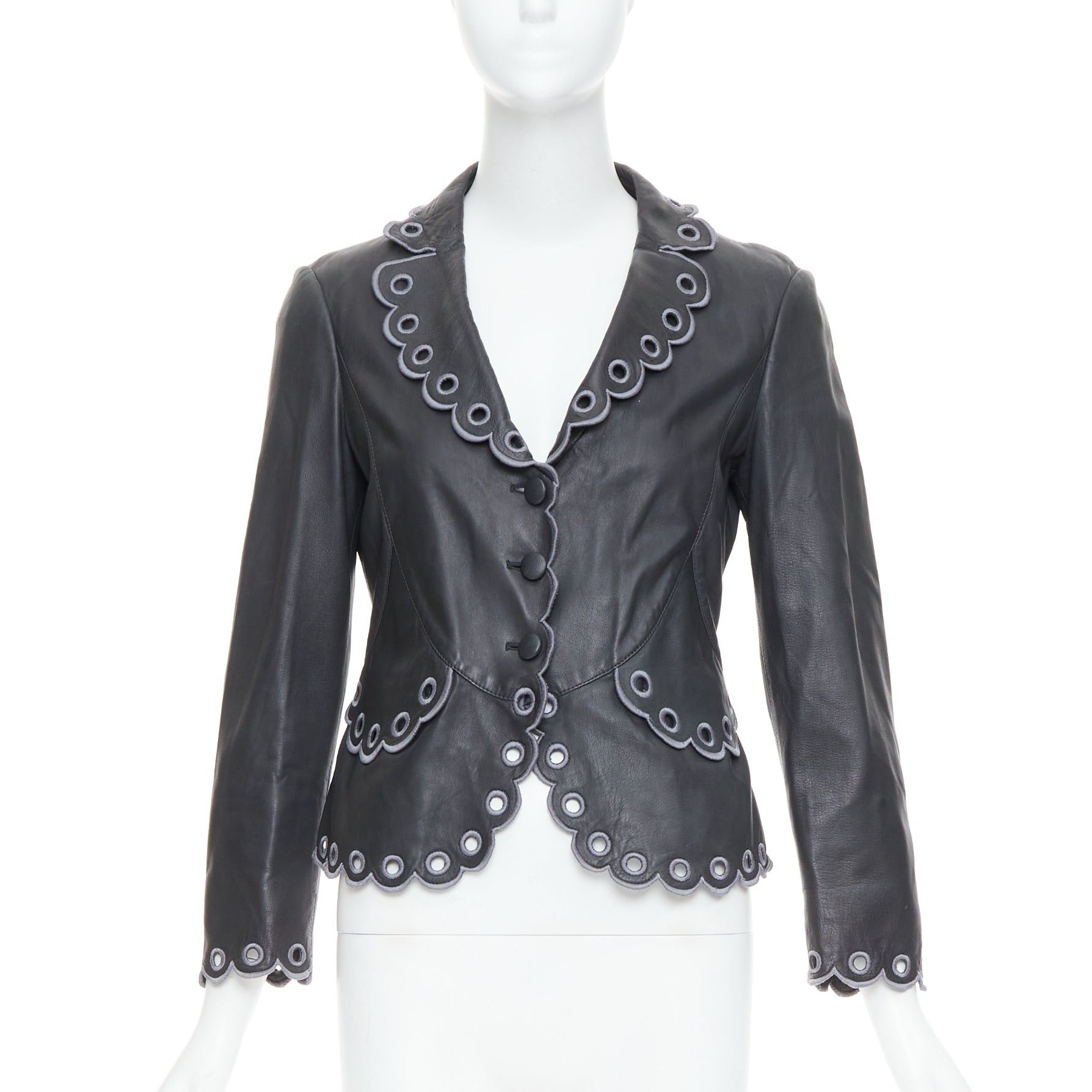 Emporio Armani EMPORIO ARMANI 2009 black lambskin grey embroidered scalloped trim crop jacket IT40 S Size S / US 4 / IT 40 - 1 Thumbnail