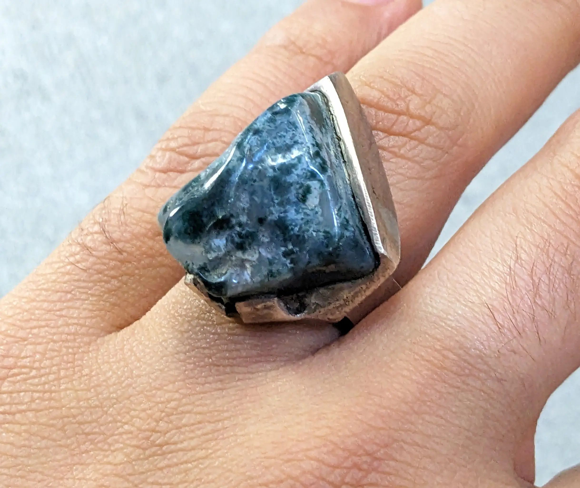 Jewelry Vintage Sterling Silver Ring Dendritic Agate Green Size 8.5 Size ONE SIZE - 15 Thumbnail
