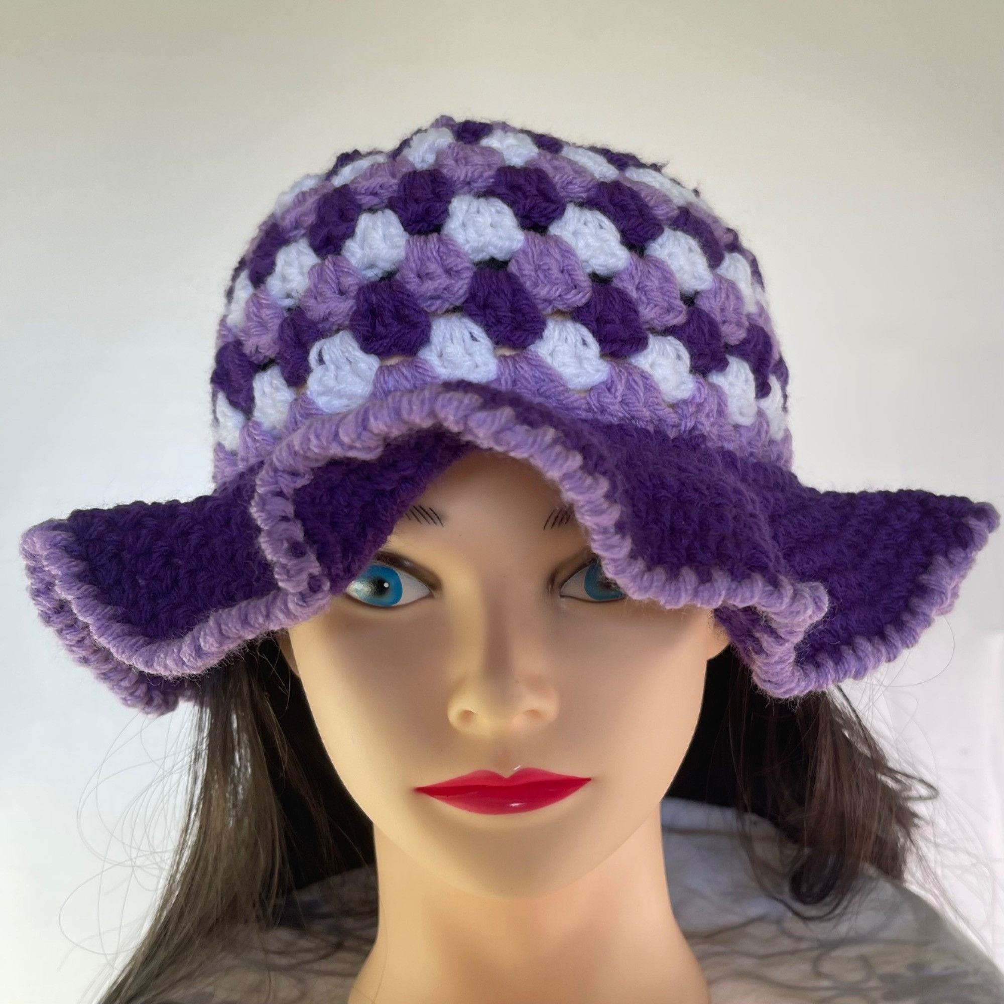 Handmade Crochet Bucket Hat Granny Square Pattern Purple Lavender Whi Size ONE SIZE - 1 Thumbnail